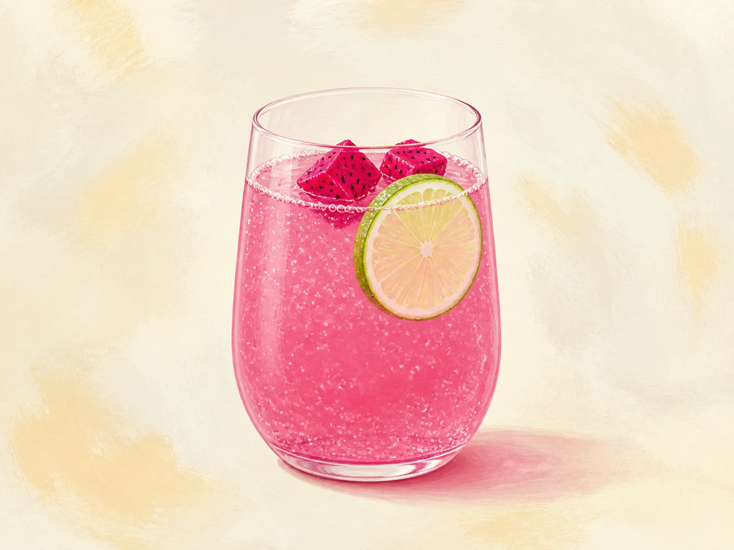 A finished serving of dragon fruit lime water kefir