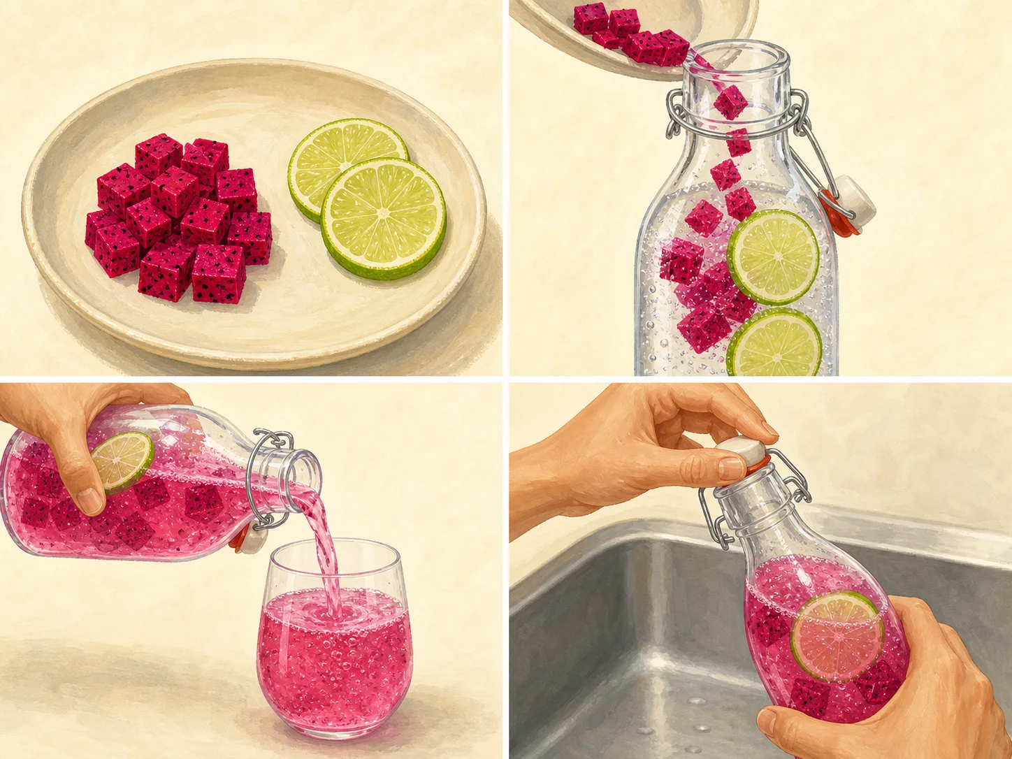 Four illustrated steps: prepare the flavor, fill the bottle, pour the chilled drink, and open the bottle slowly over the sink