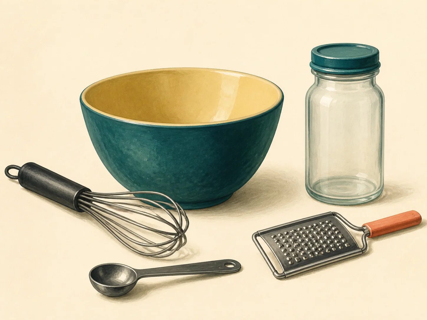 A mixing bowl, whisk, tablespoon measure, fine grater, and lidded storage bottle
