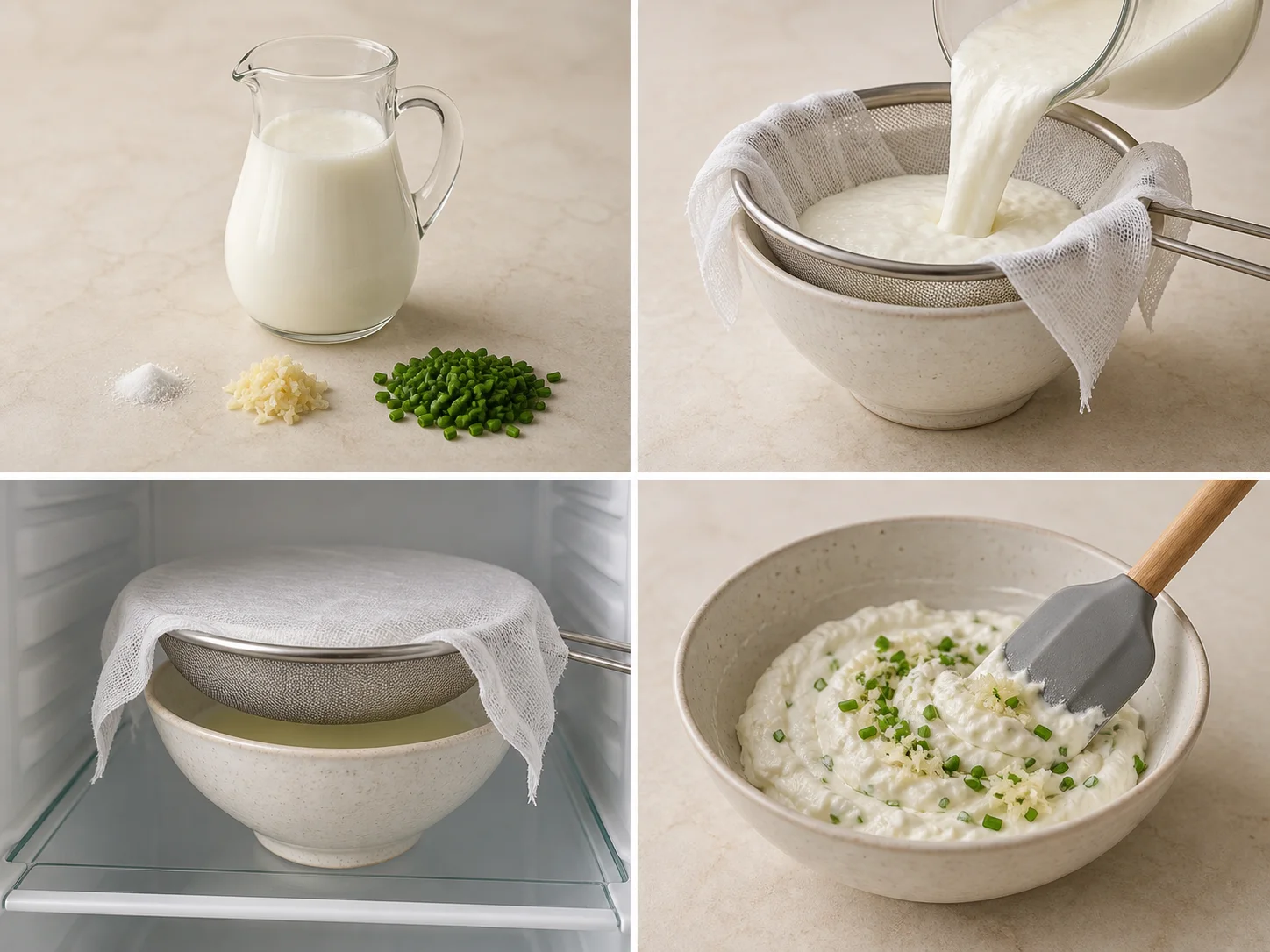 Four illustrated steps: line the sieve, drain the kefir in the refrigerator, fold in the flavor ingredients, and store the finished spread