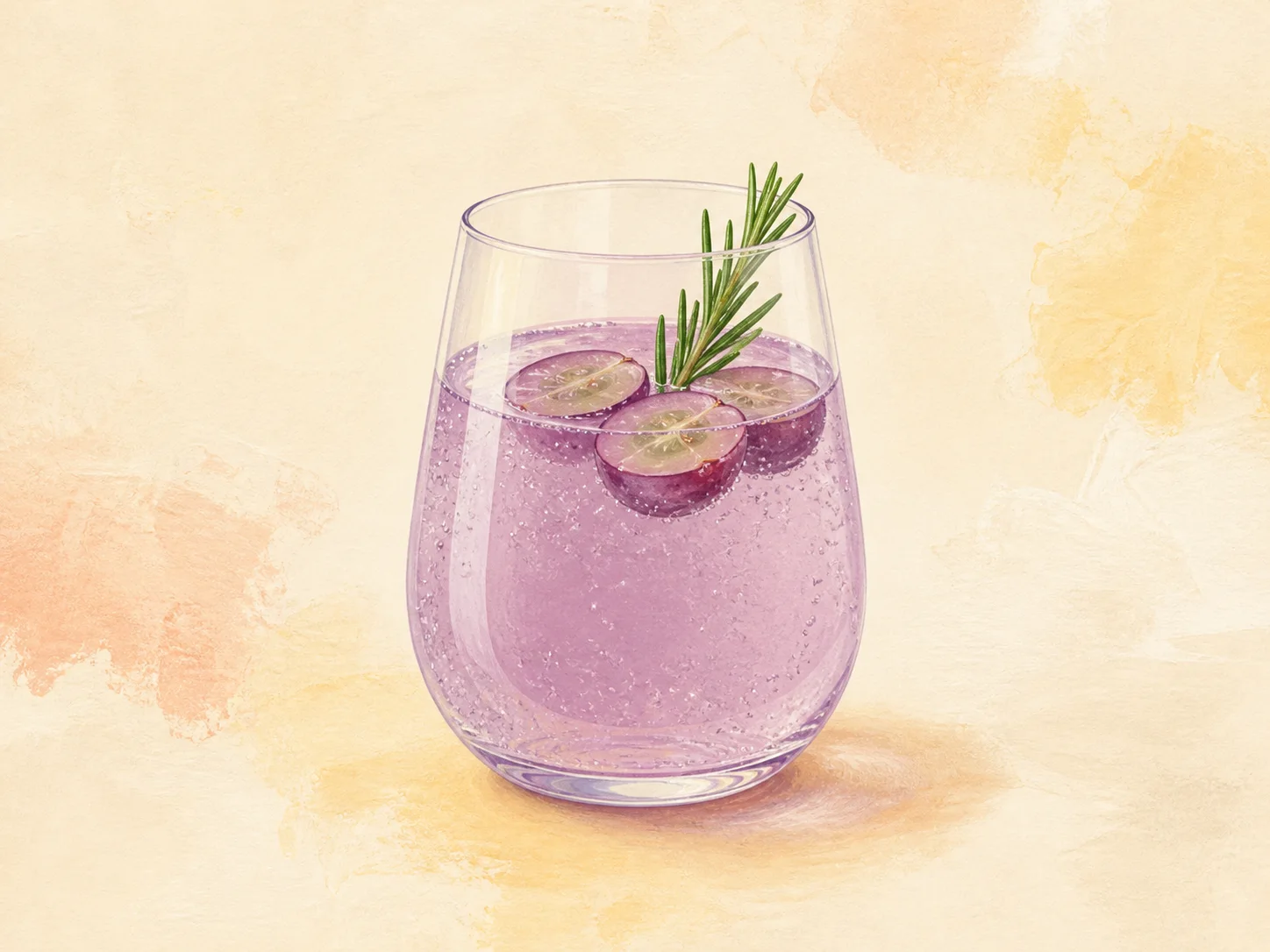 A finished serving of grape rosemary water kefir