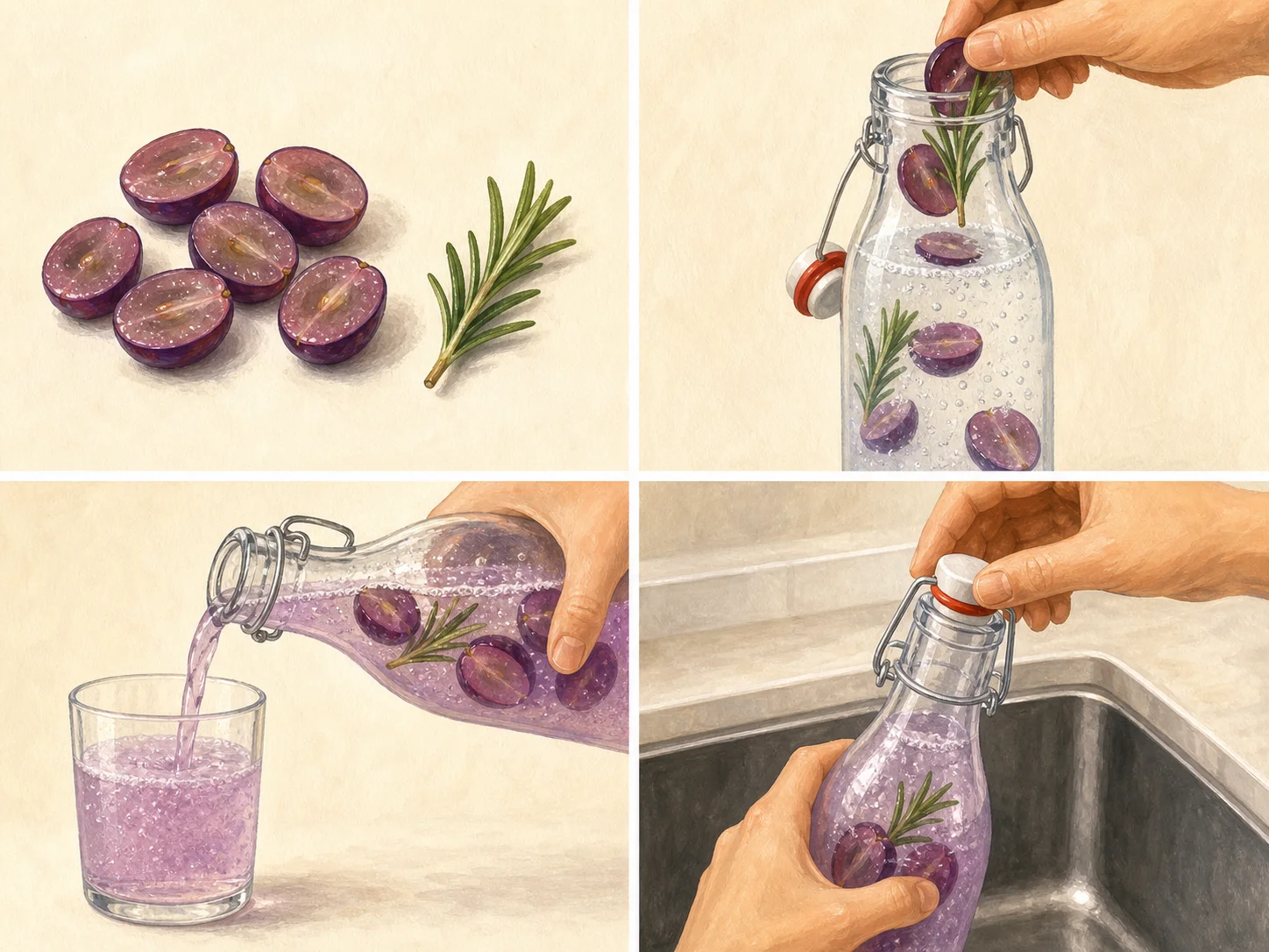Four illustrated steps: prepare the flavor, fill the bottle, pour the chilled drink, and open the bottle slowly over the sink