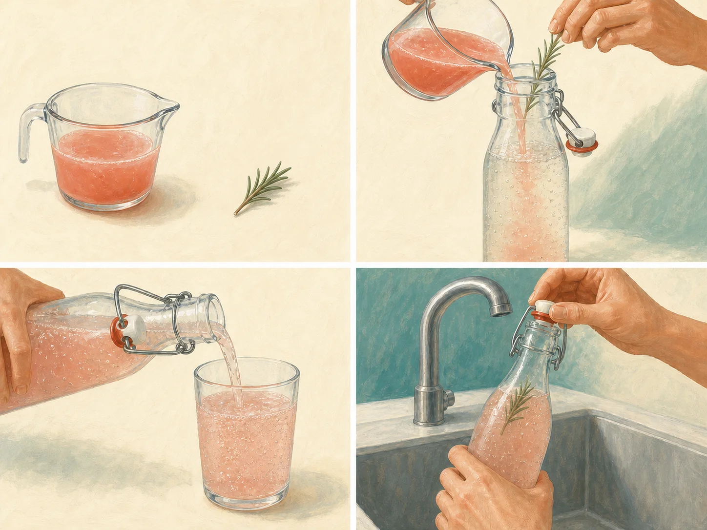 Four illustrated steps: prepare the flavor, fill the bottle, pour the chilled drink, and open the bottle slowly over the sink