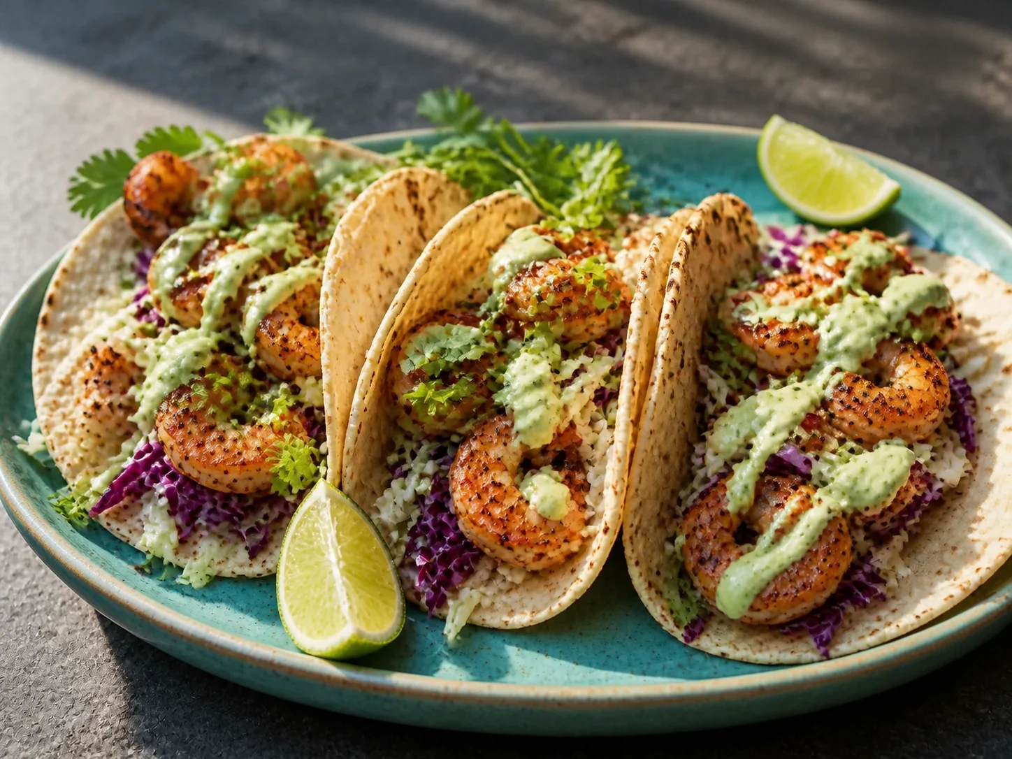 A finished serving of grilled shrimp tacos with kefir avocado crema