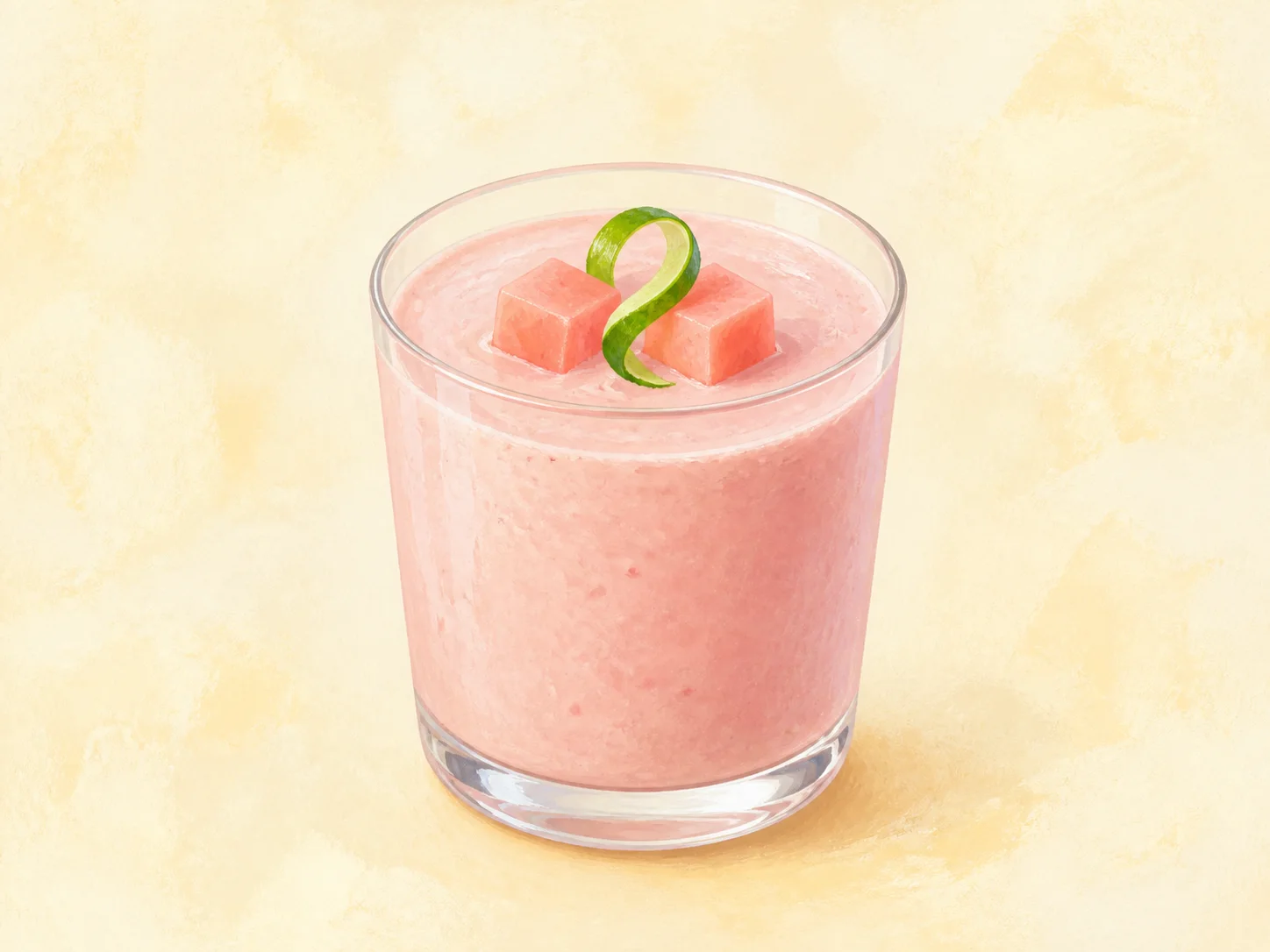 A finished serving of guava lime kefir smoothie