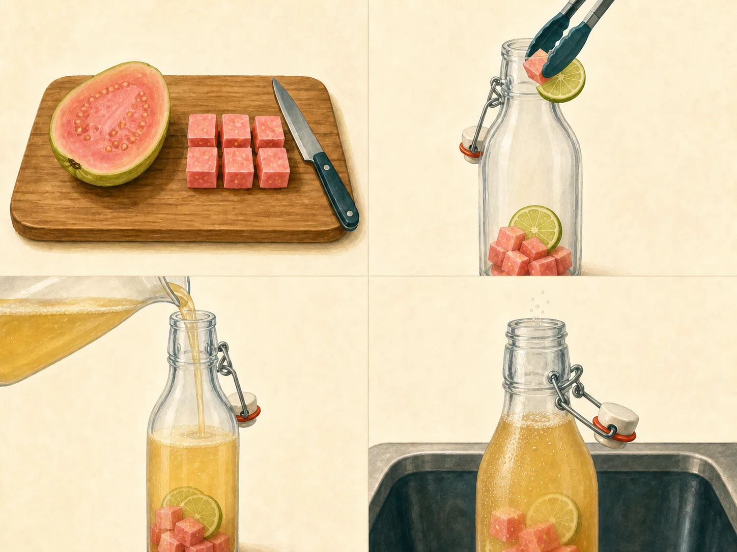 Four illustrated steps: prepare the flavor, fill the bottle, pour the chilled drink, and open the bottle slowly over the sink