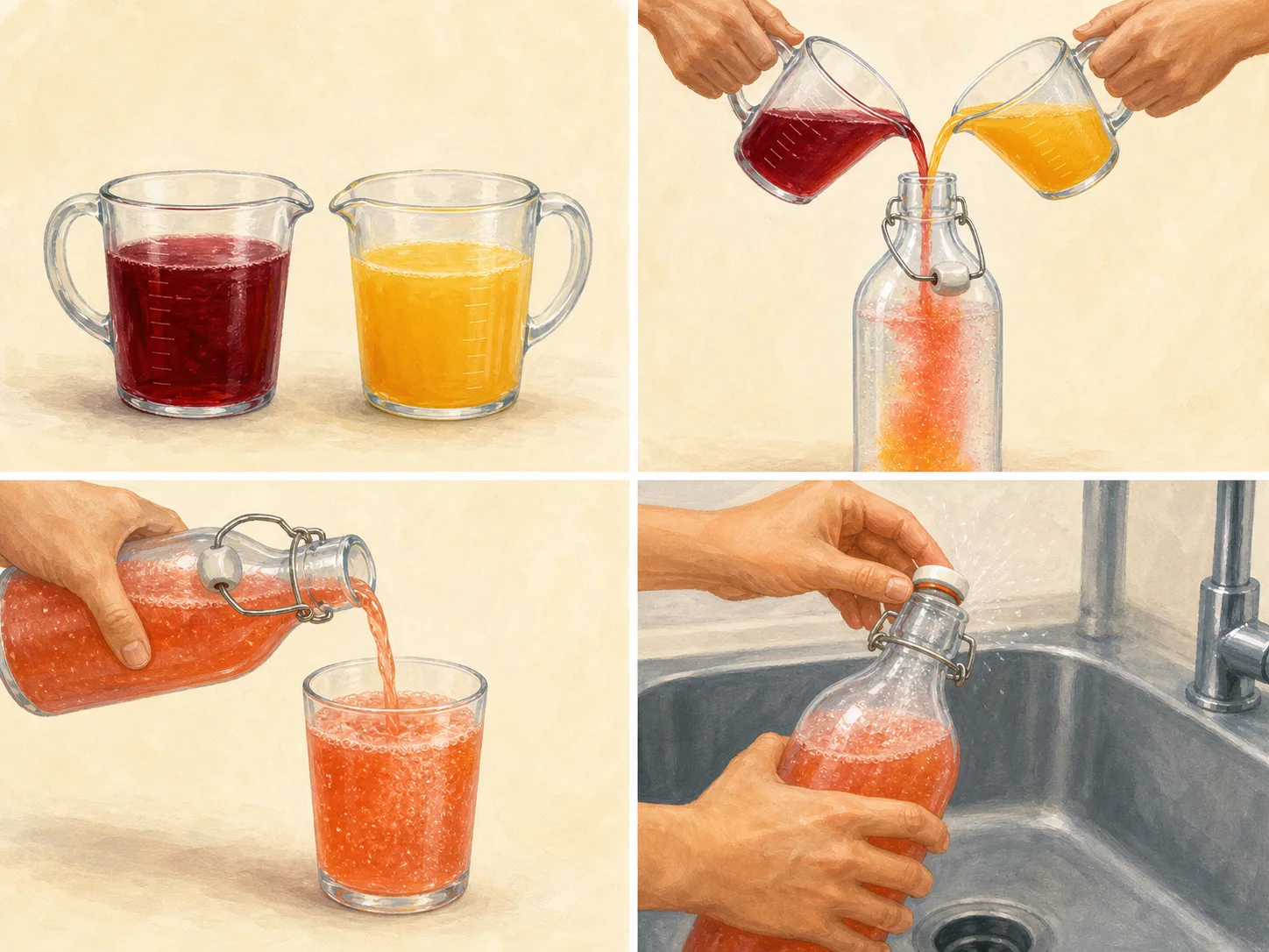 Four illustrated steps: prepare the flavor, fill the bottle, pour the chilled drink, and open the bottle slowly over the sink