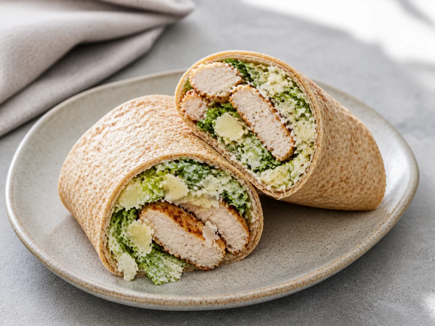 A finished serving of kefir caesar chicken wraps