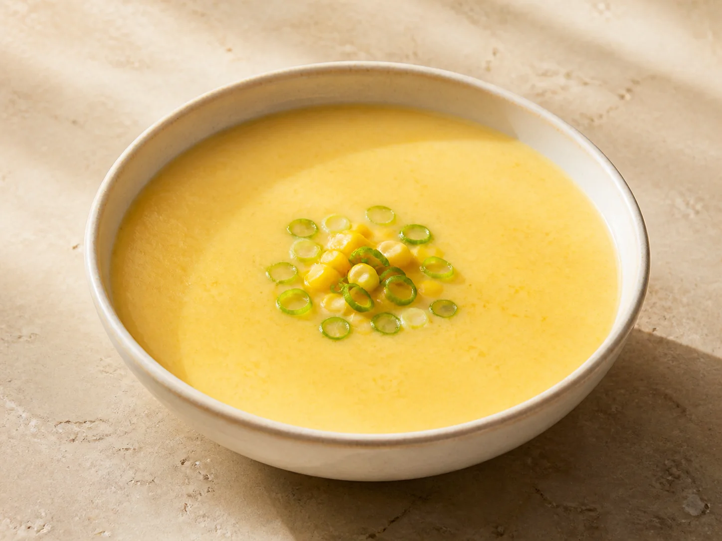 A finished serving of kefir corn and scallion soup