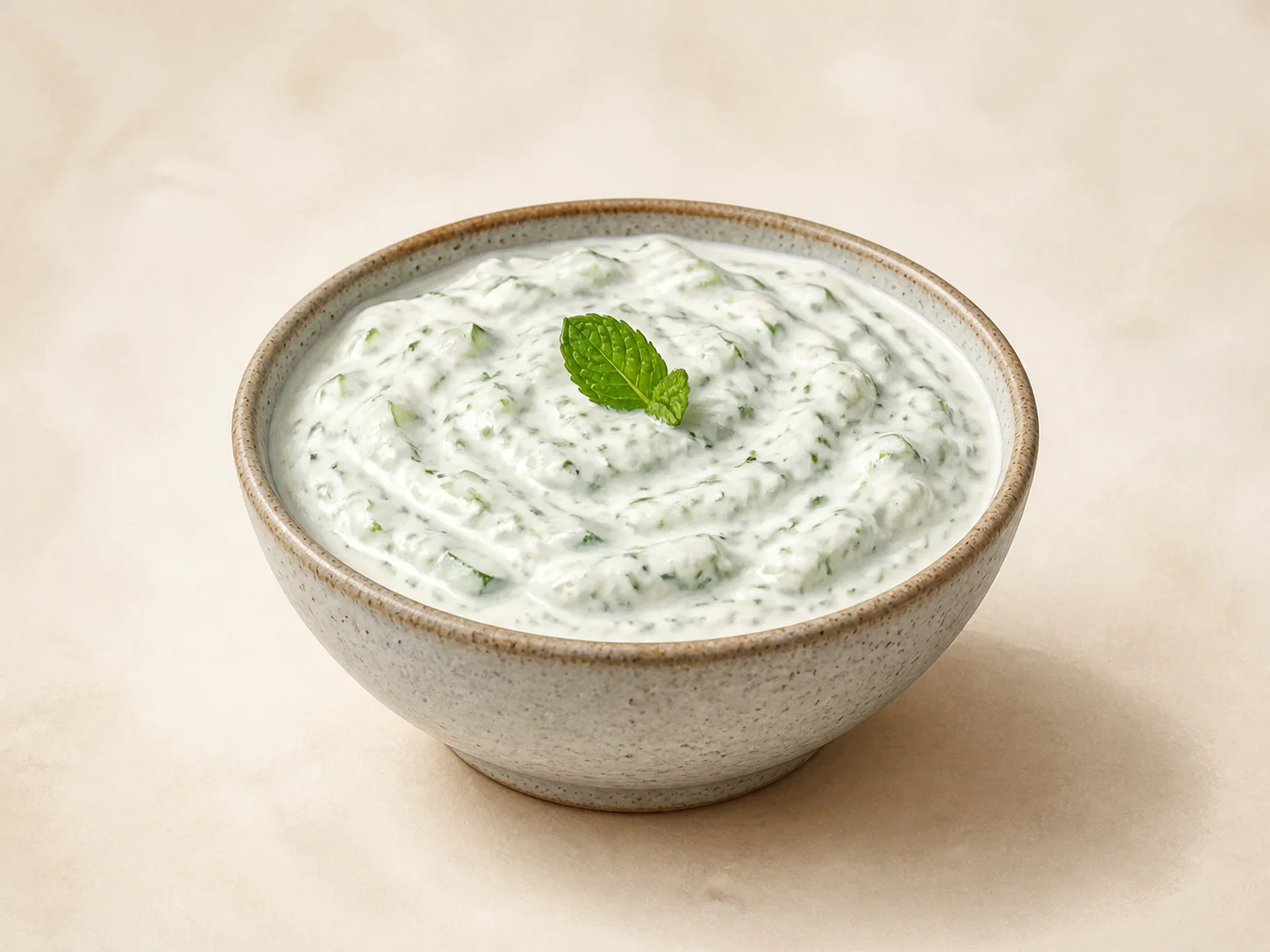 A finished serving of kefir cucumber mint dip
