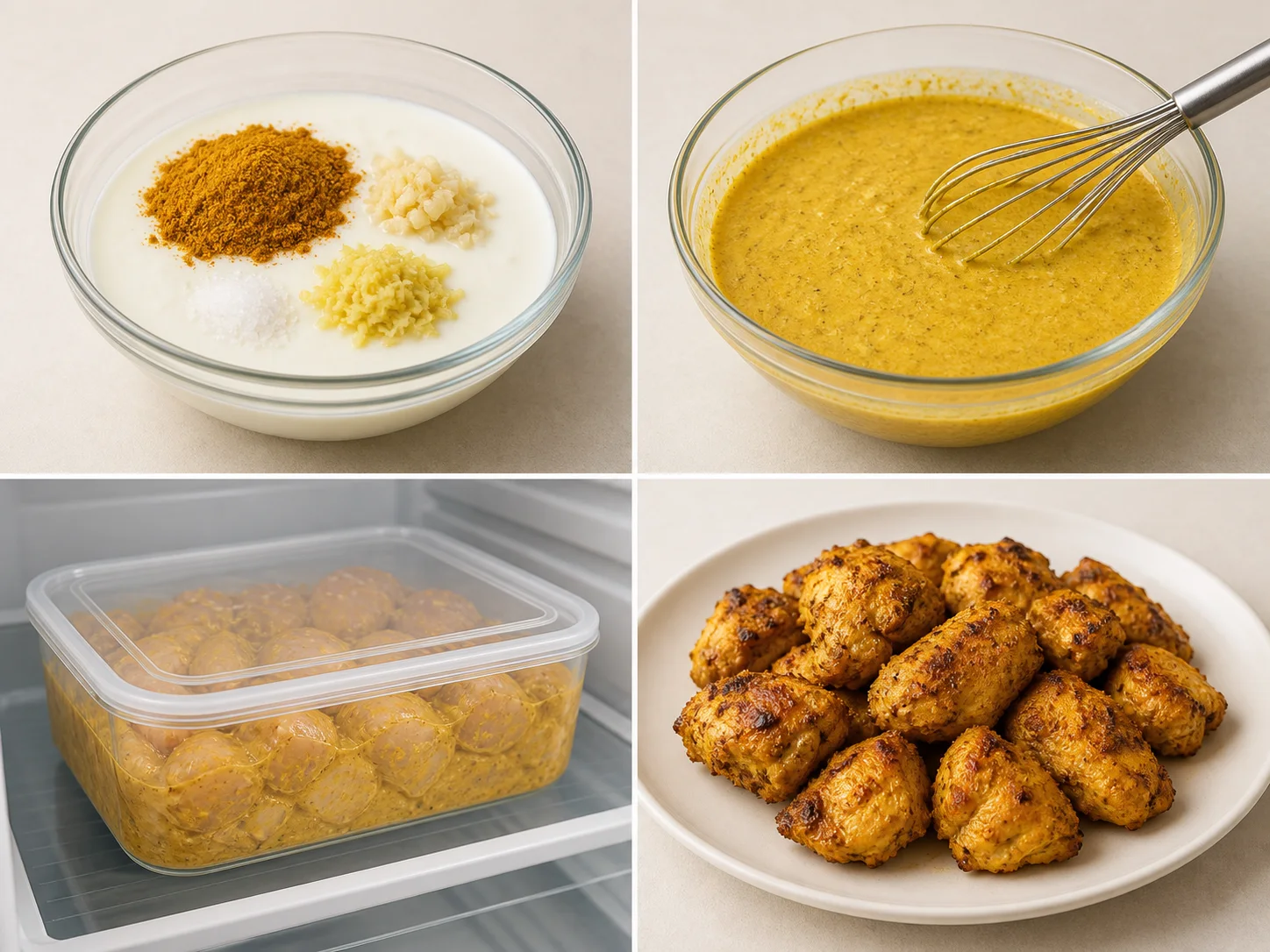 Four illustrated steps: whisk the kefir marinade, coat the food, refrigerate for the stated time, and remove it for cooking