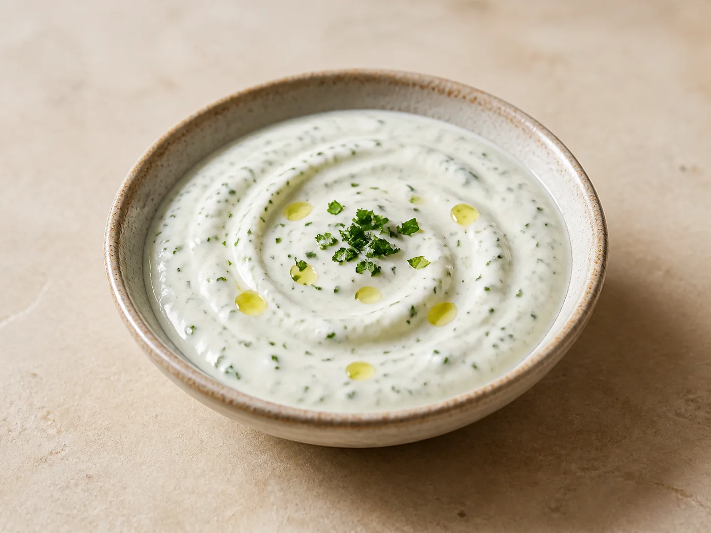 A finished serving of kefir garlic flatbread sauce