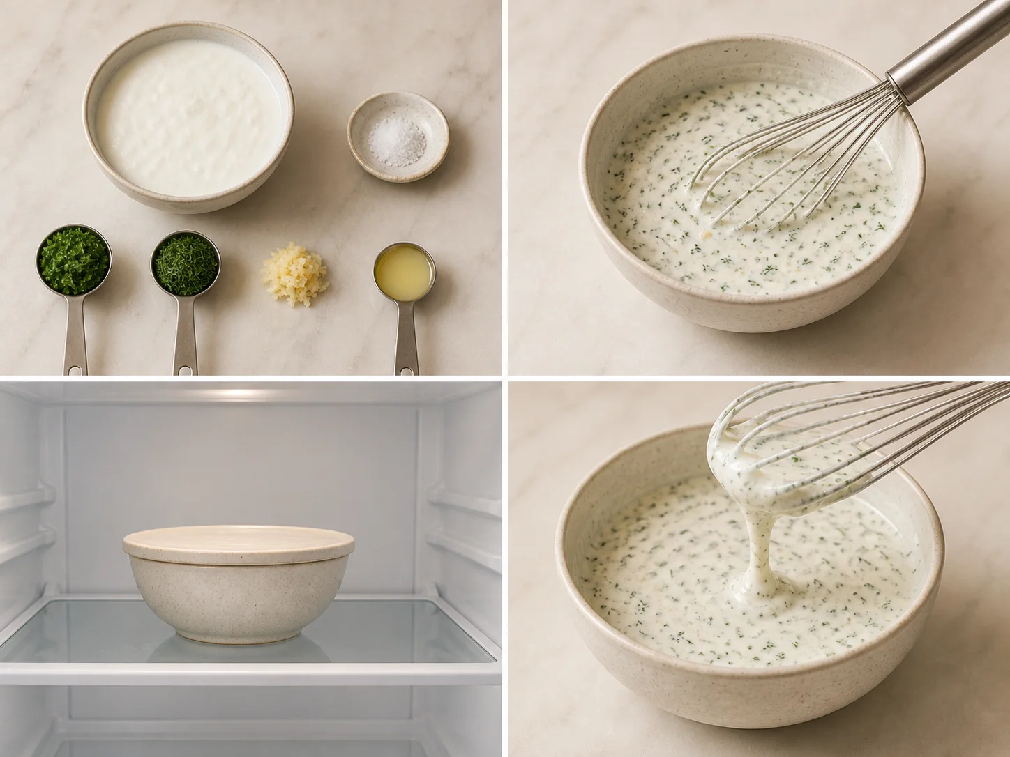 Four illustrated steps: measure the flavor ingredients, whisk them with kefir, chill the sauce, and taste before serving