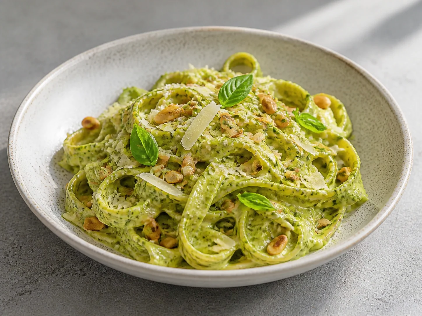 A finished serving of creamy kefir pesto pasta