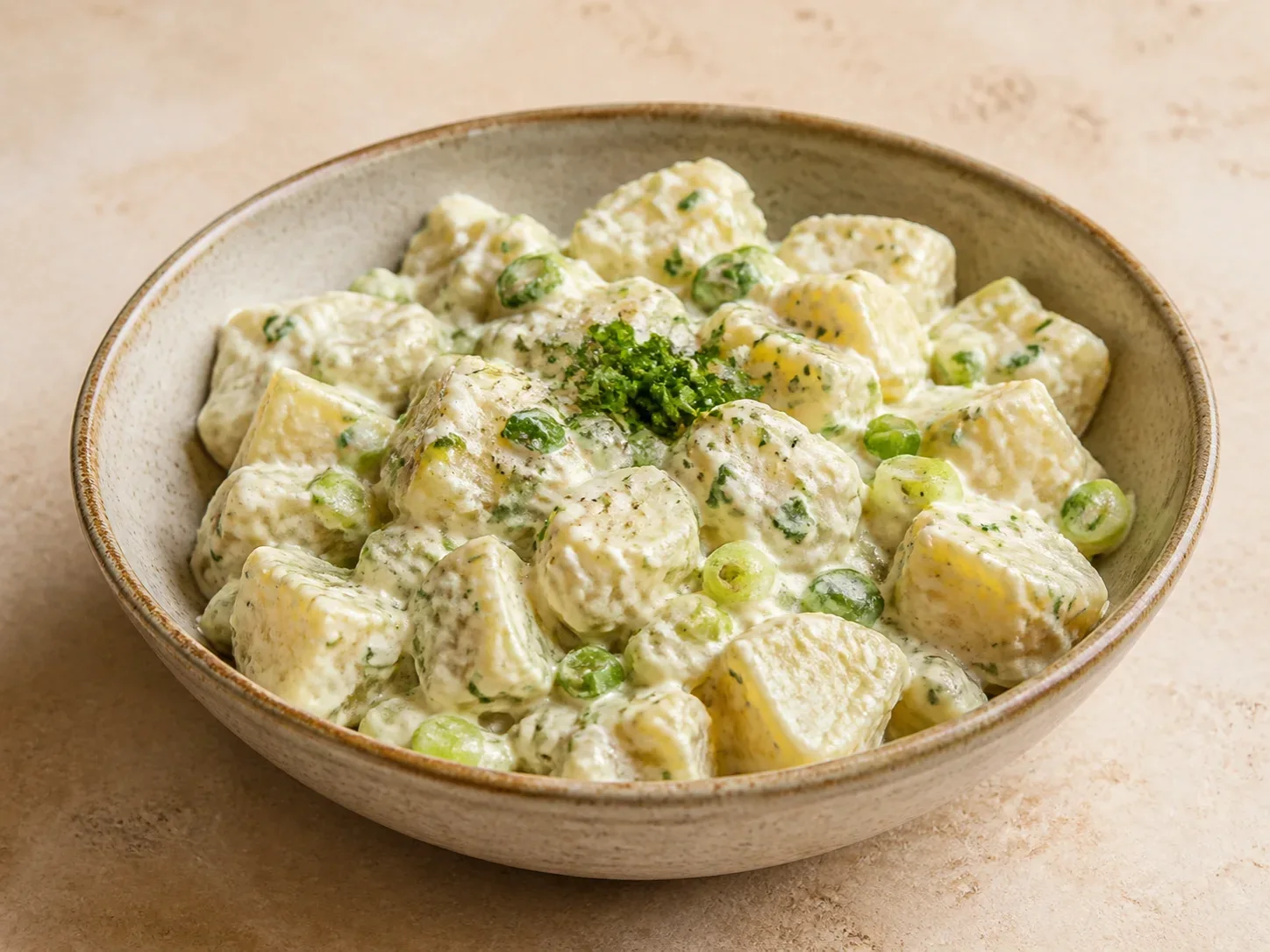 A finished serving of kefir potato salad dressing