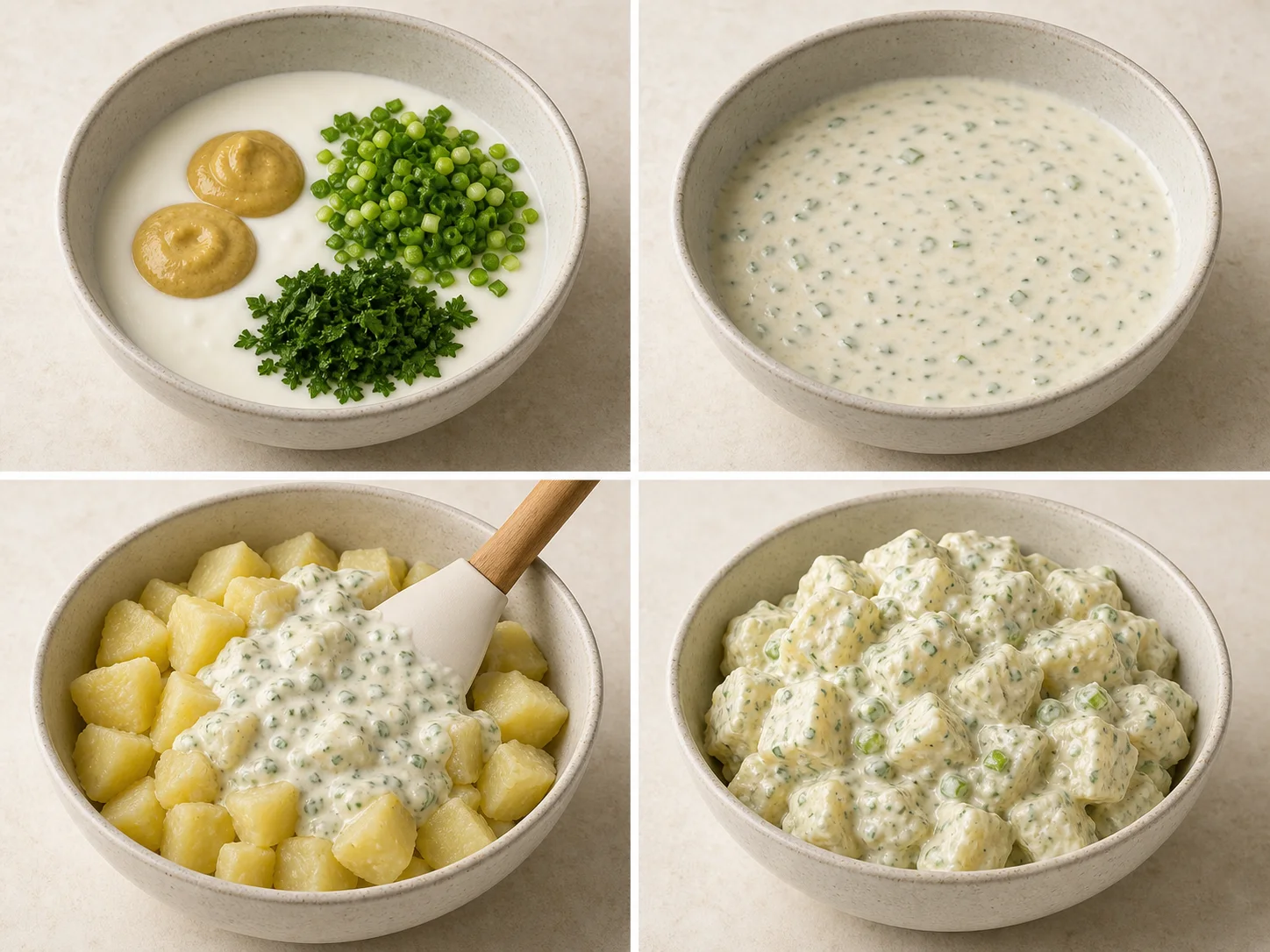 Four illustrated steps: measure the flavor ingredients, whisk them with kefir, chill the sauce, and taste before serving