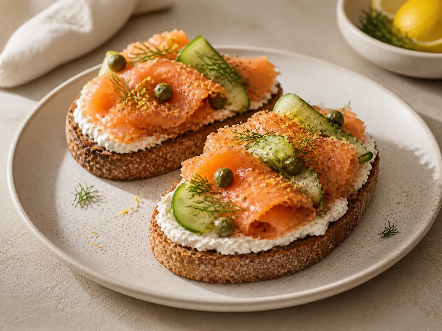 A finished serving of kefir cheese and smoked salmon toast