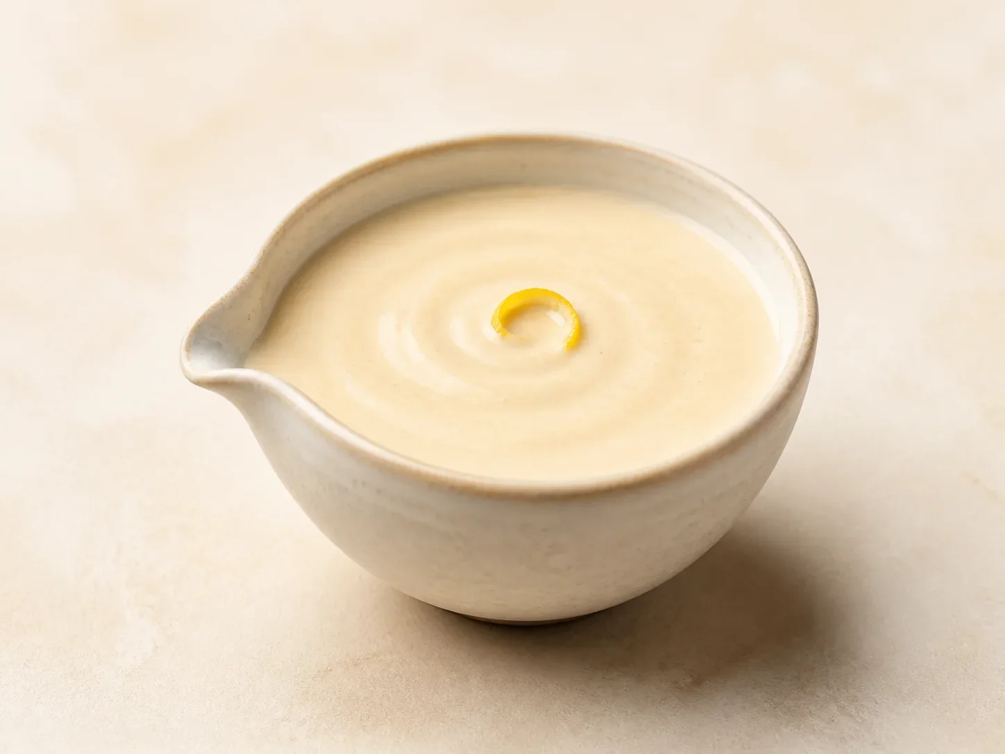 A finished serving of kefir tahini lemon sauce