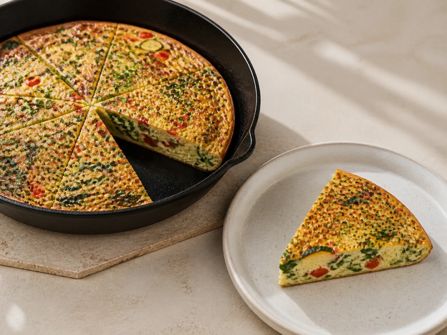 A finished serving of kefir vegetable frittata