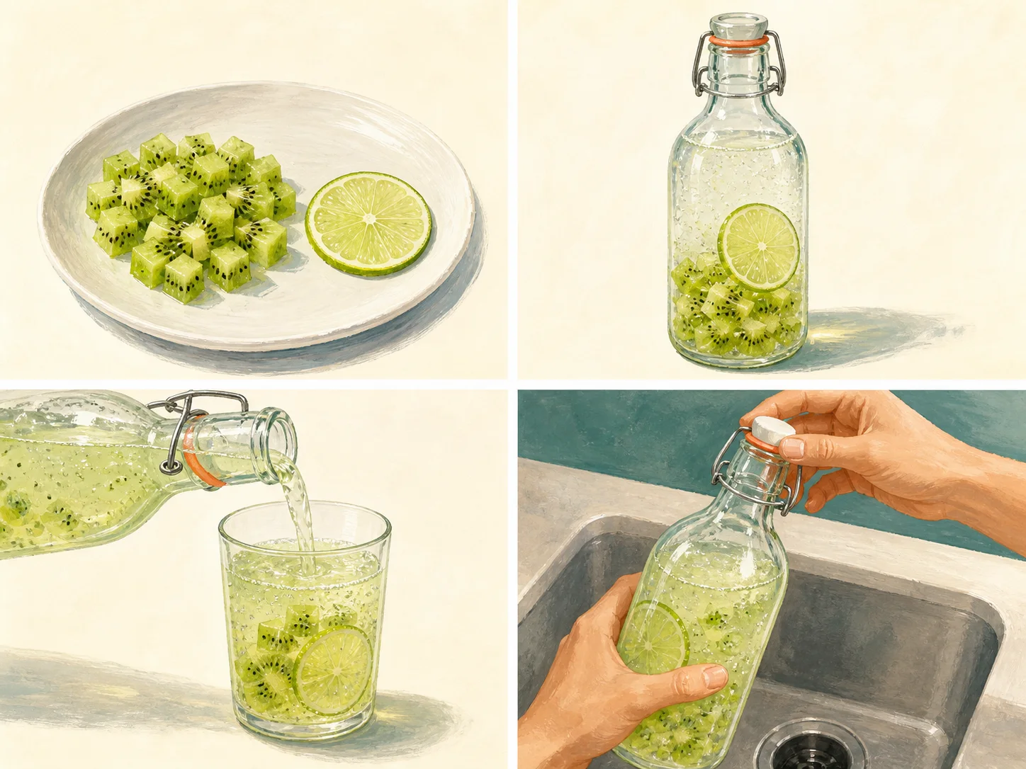 Four illustrated steps: prepare the flavor, fill the bottle, pour the chilled drink, and open the bottle slowly over the sink
