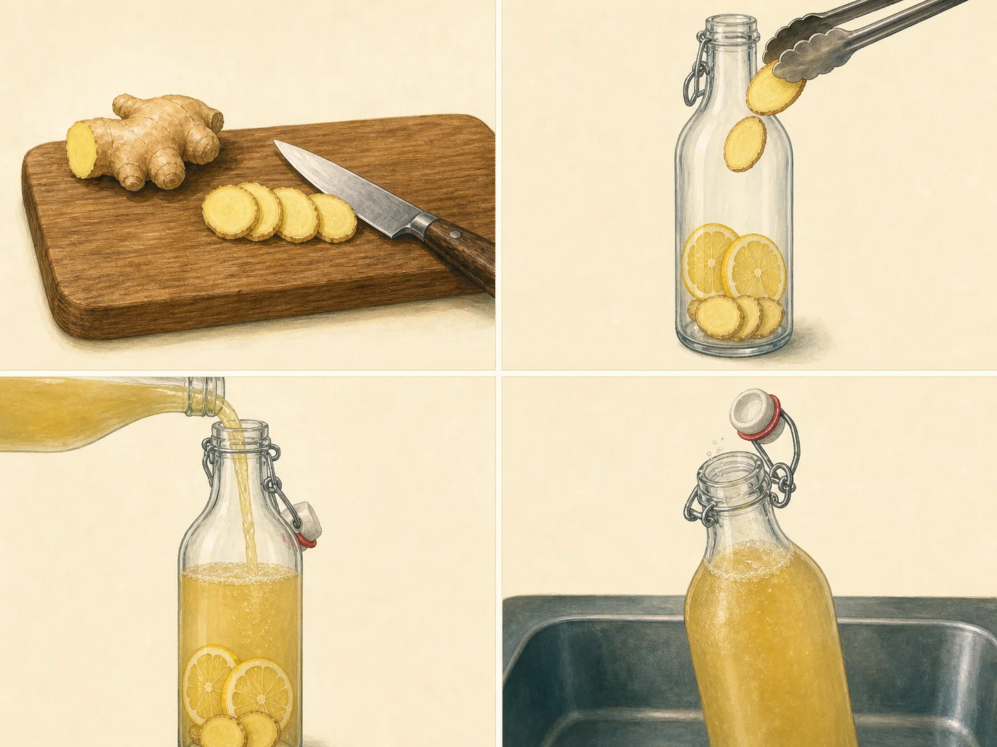 Four illustrated steps: prepare the flavor, fill the bottle, pour the chilled drink, and open the bottle slowly over the sink