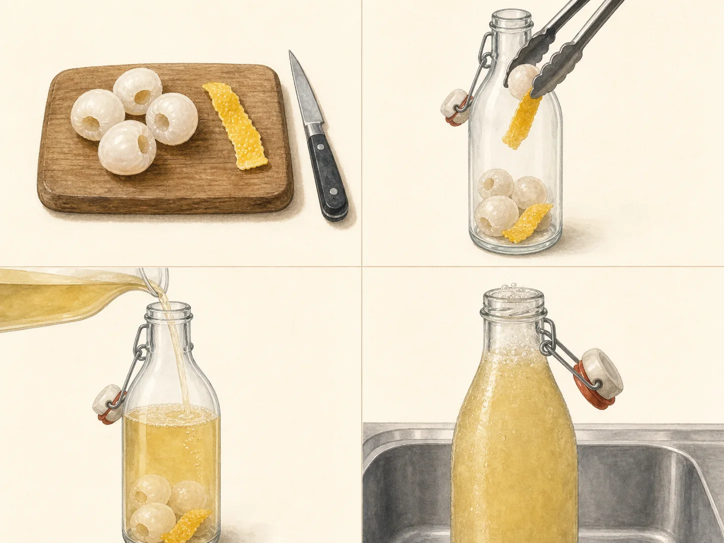 Four illustrated steps: prepare the flavor, fill the bottle, pour the chilled drink, and open the bottle slowly over the sink