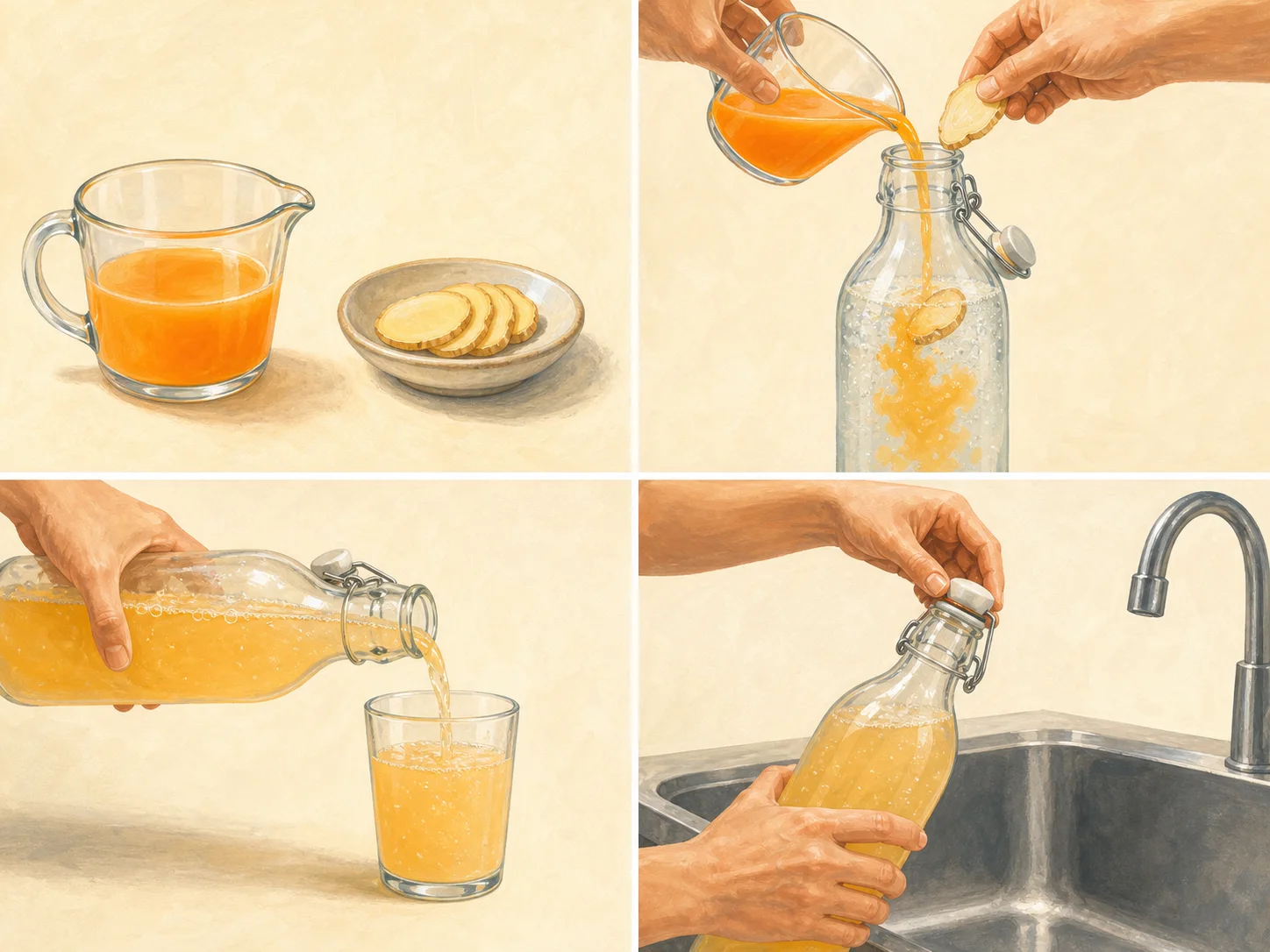 Four illustrated steps: prepare the flavor, fill the bottle, pour the chilled drink, and open the bottle slowly over the sink