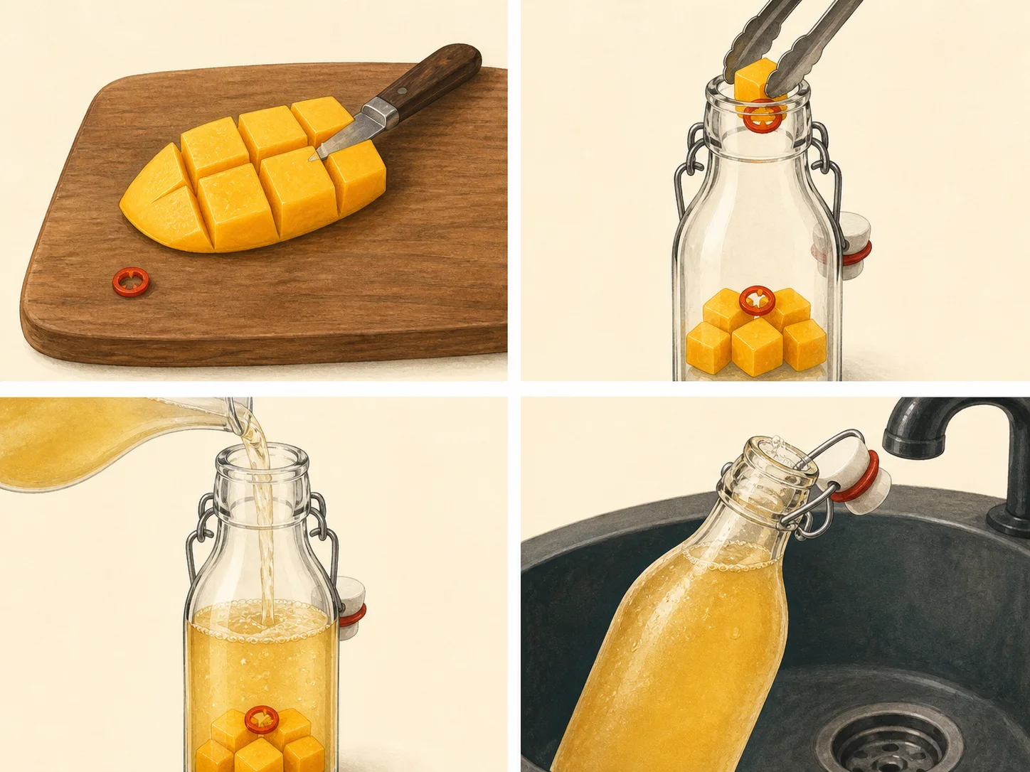 Four illustrated steps: prepare the flavor, fill the bottle, pour the chilled drink, and open the bottle slowly over the sink