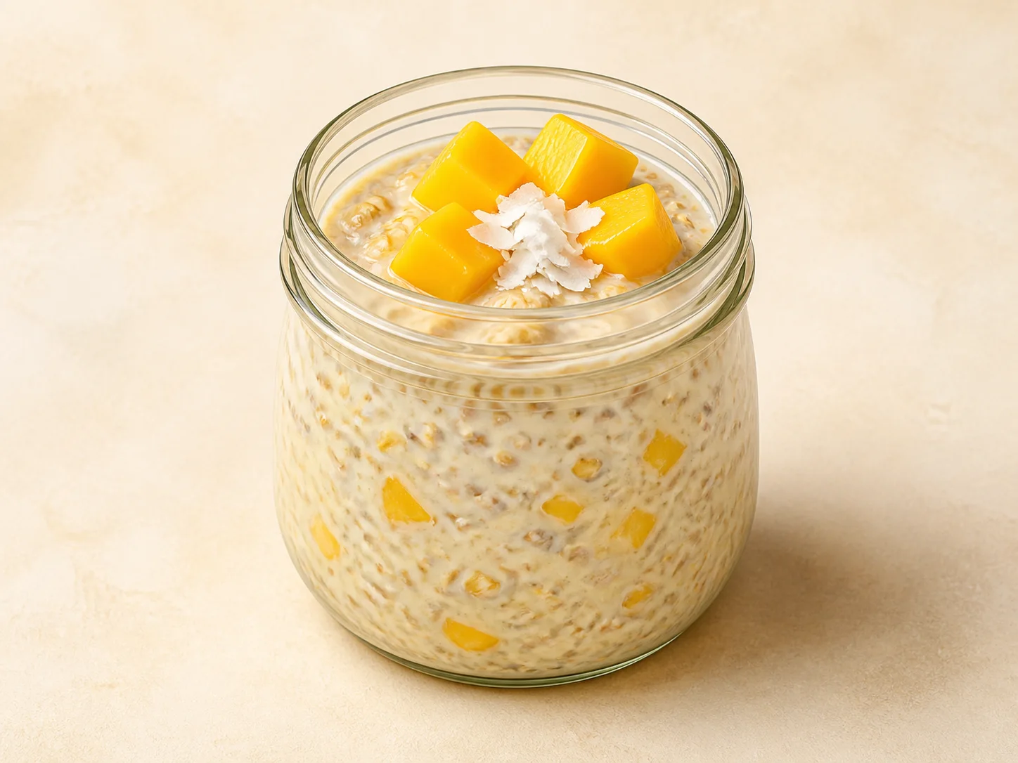A finished serving of mango coconut kefir overnight oats
