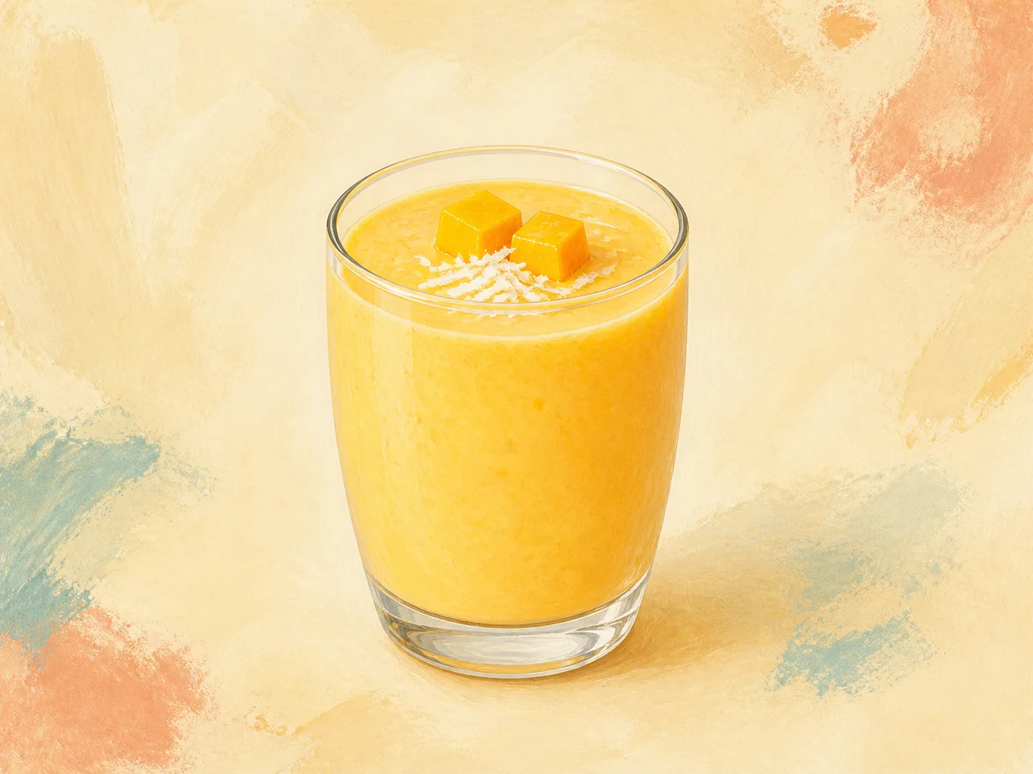 Illustration of a mango kefir smoothie topped with mango and coconut