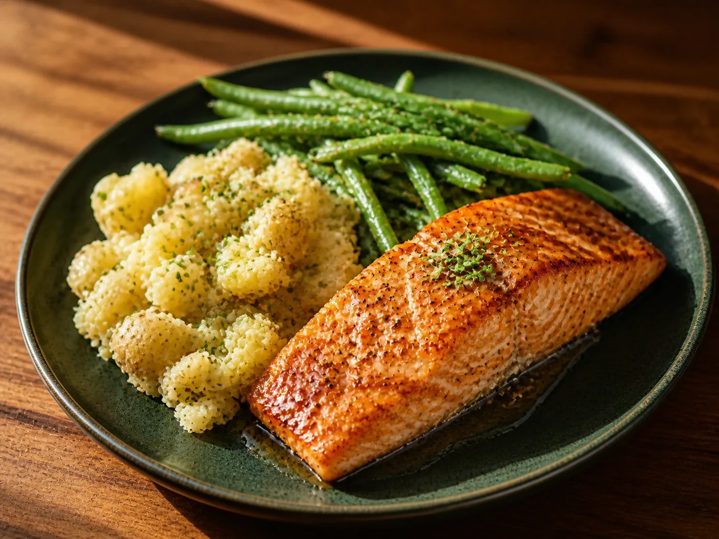 A finished serving of maple kefir glazed salmon with creamy potatoes