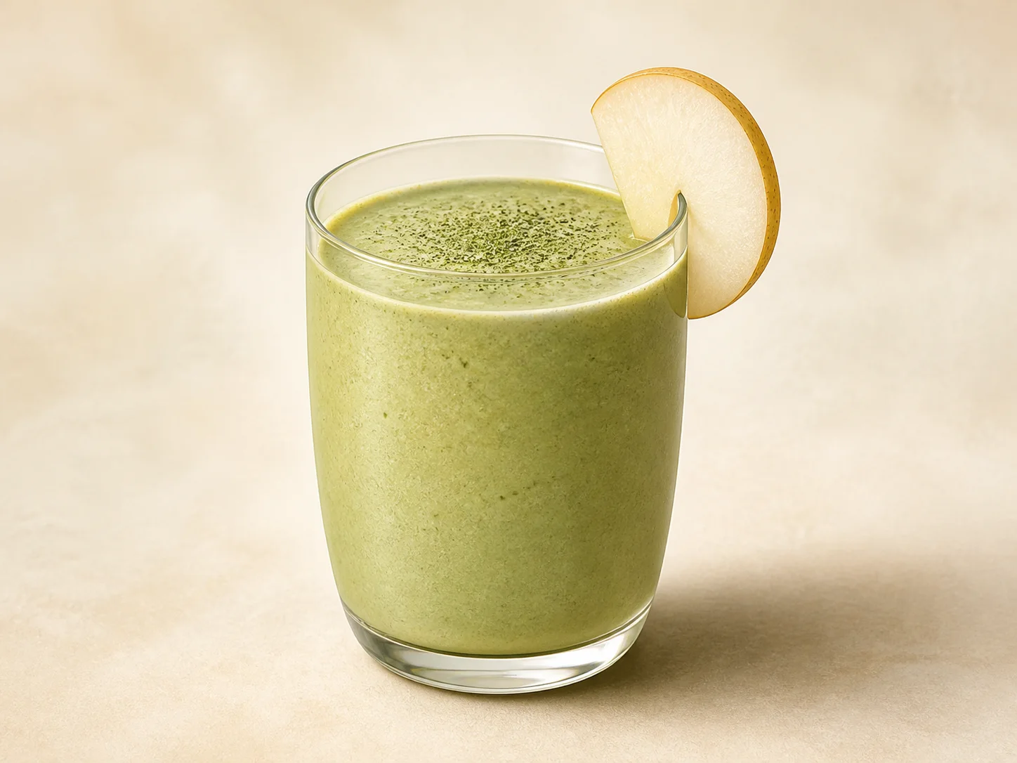 A finished serving of matcha pear kefir smoothie