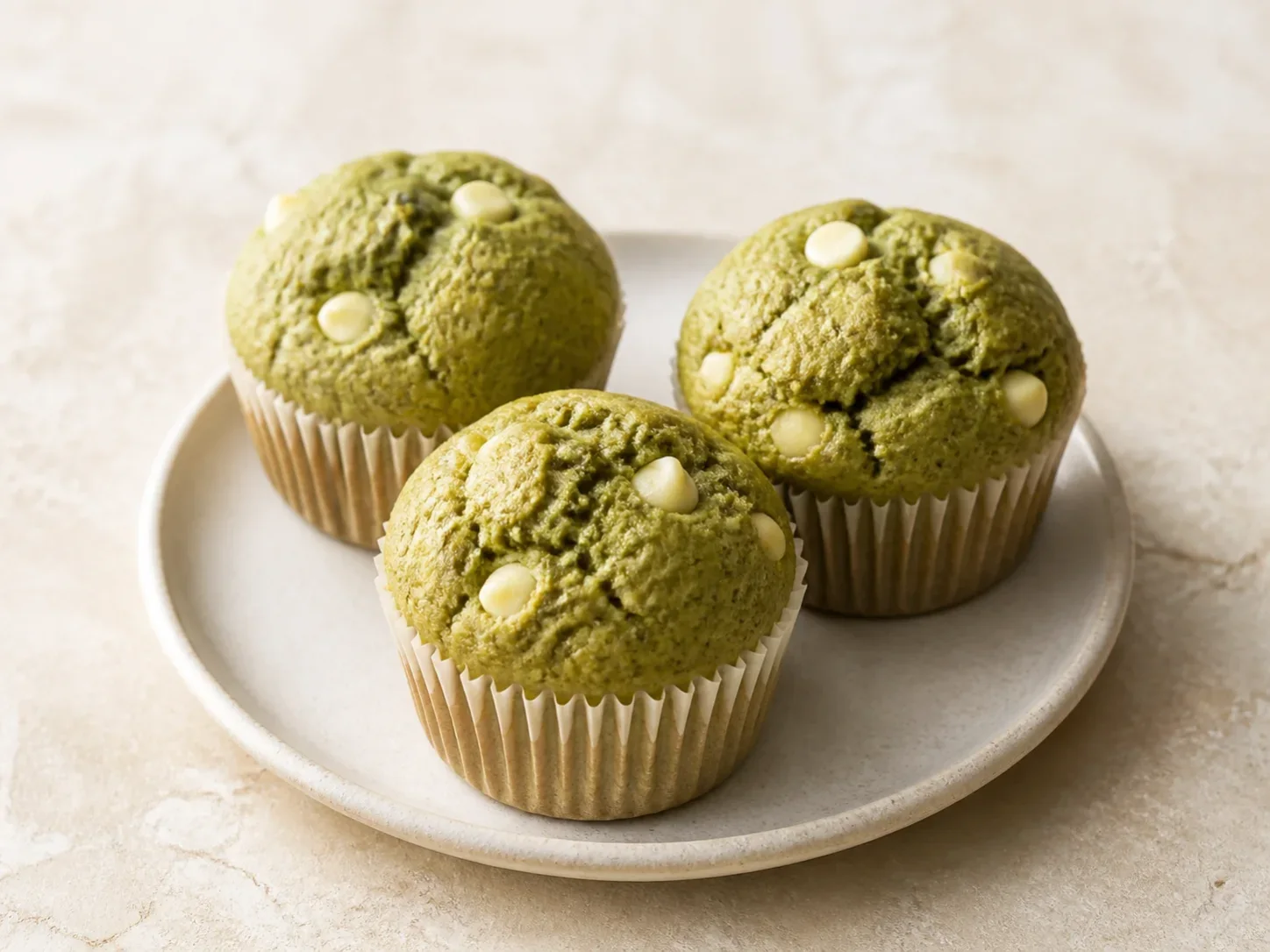 A finished serving of matcha white chocolate kefir muffins