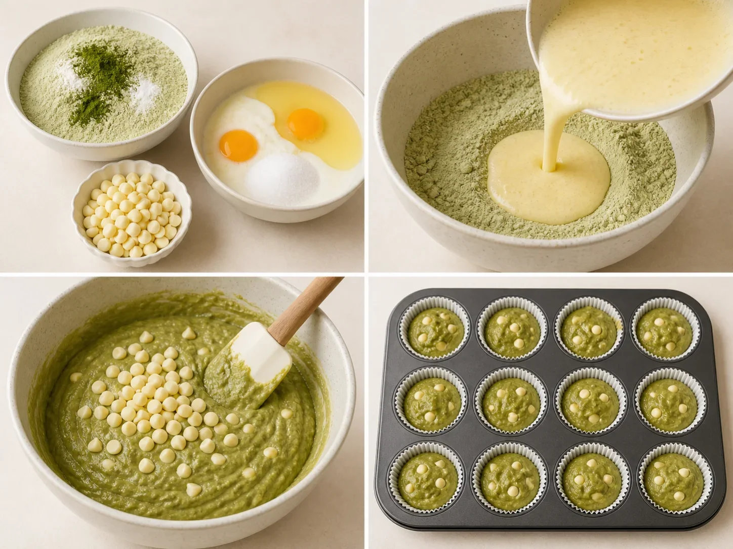 Four illustrated steps: mix the wet and dry ingredients, fold in the flavor, fill the muffin pan, and bake until risen