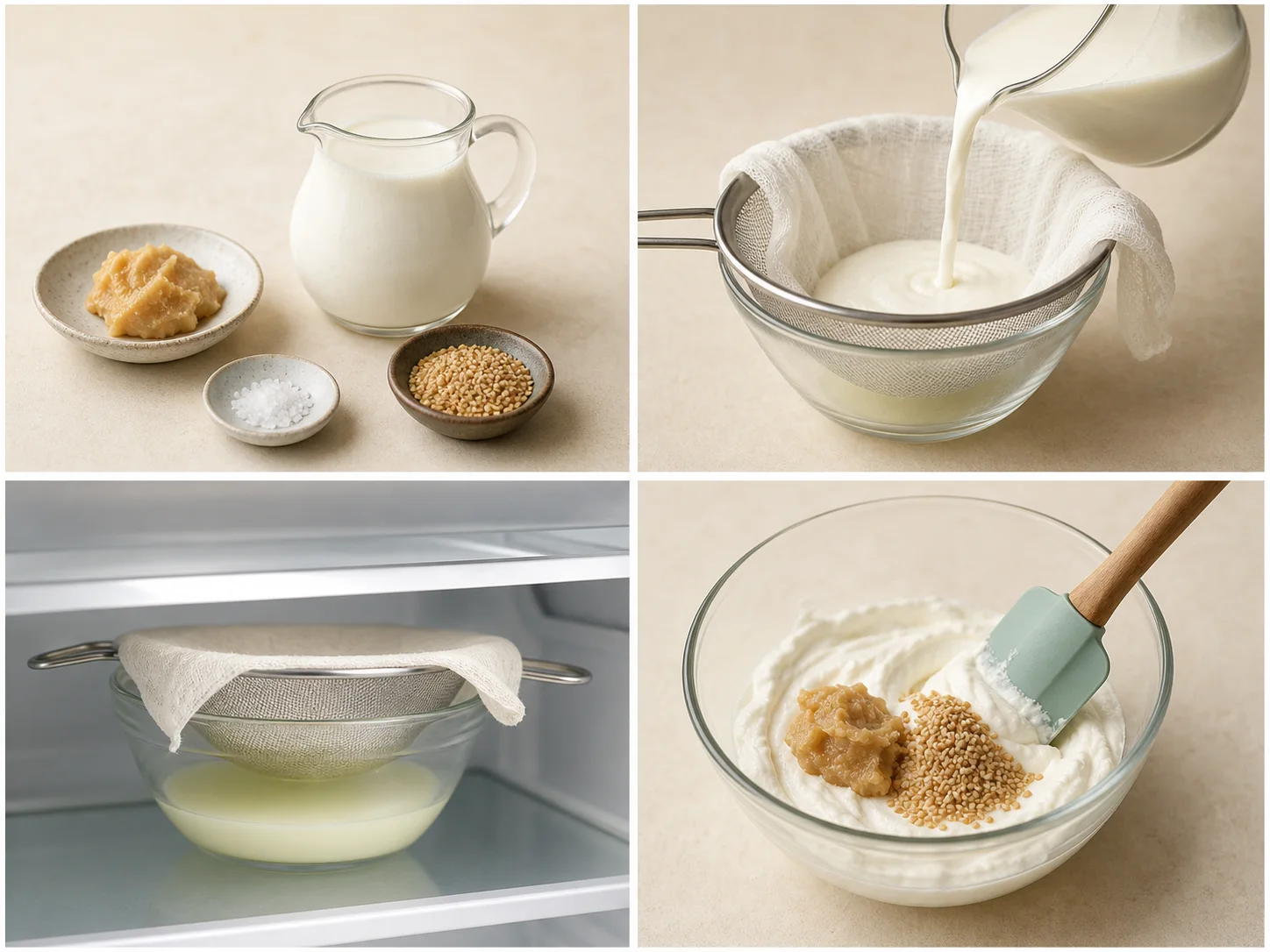 Four illustrated steps: line the sieve, drain the kefir in the refrigerator, fold in the flavor ingredients, and store the finished spread