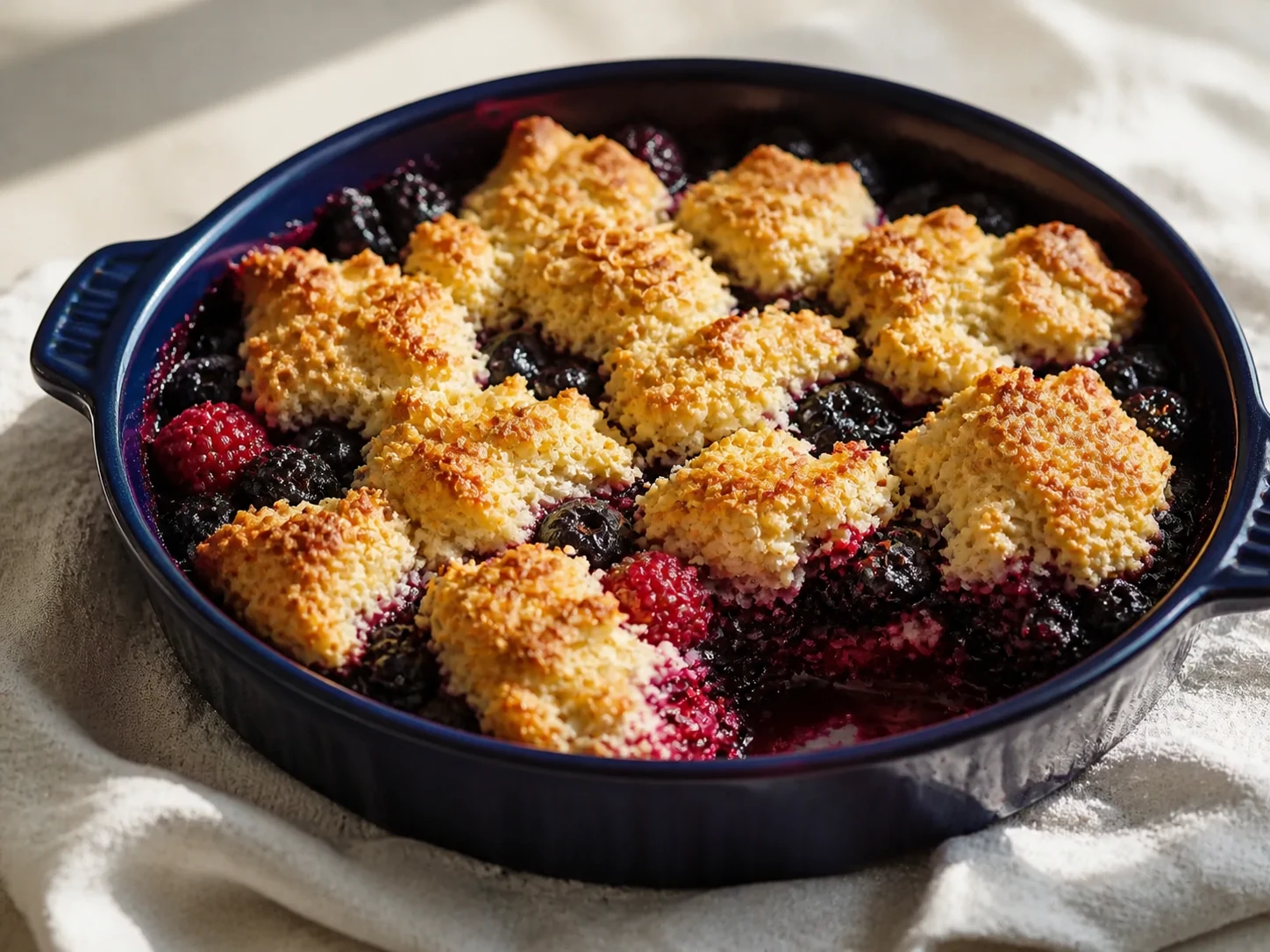 A finished serving of mixed berry kefir cobbler