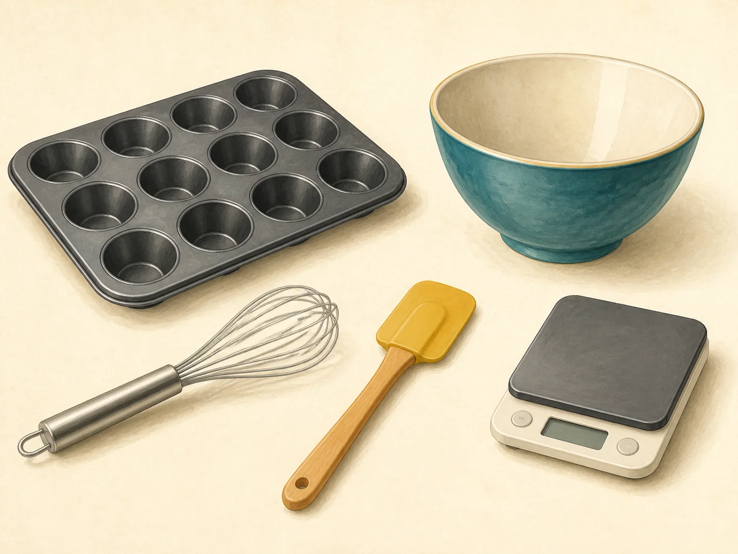 A 12-cup muffin pan, mixing bowl, whisk, spatula, and kitchen scale