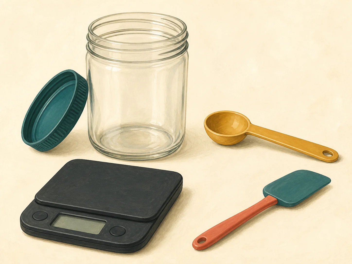 A lidded glass container, tablespoon measure, kitchen scale, and silicone spatula