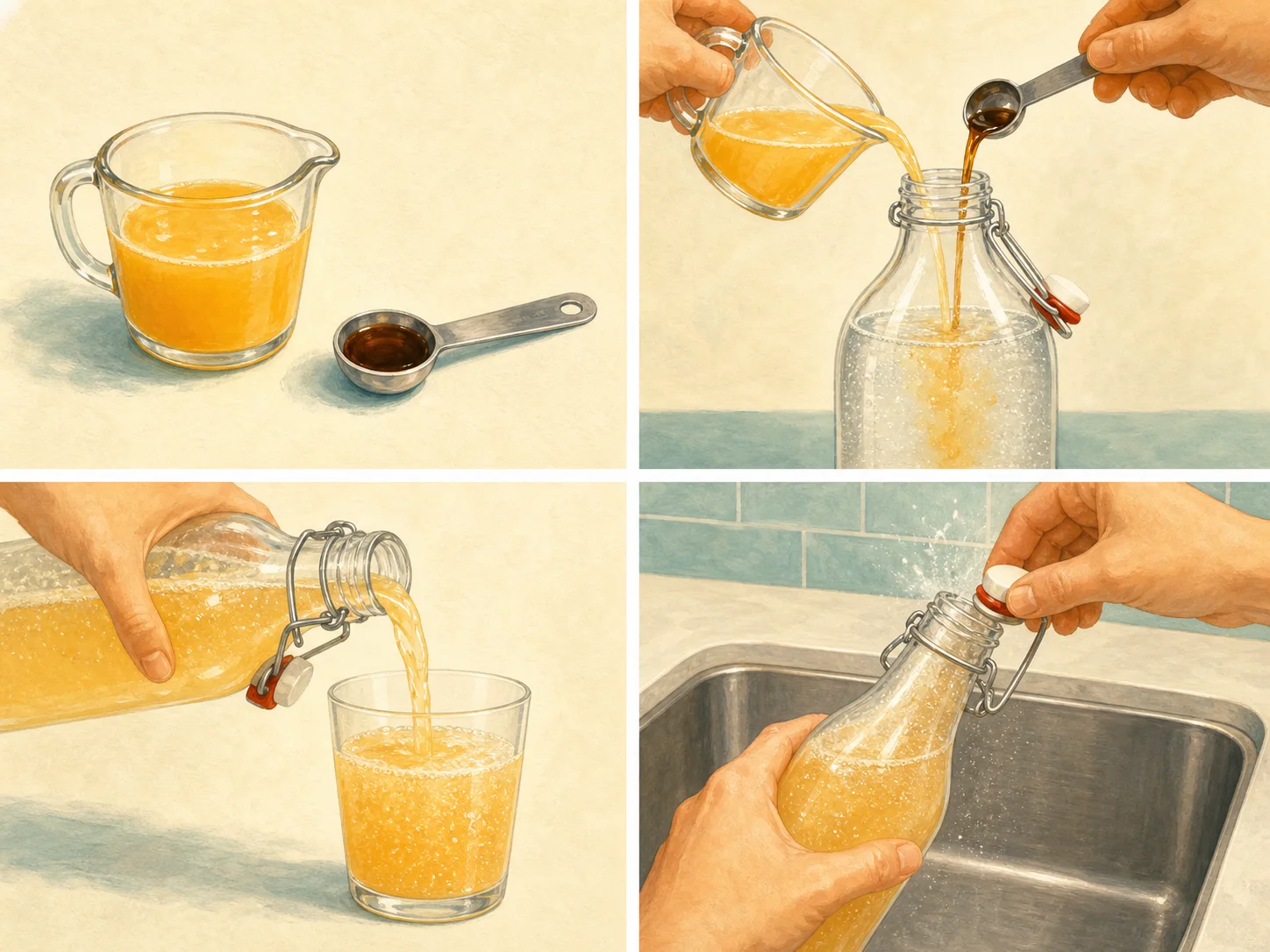 Four illustrated steps: prepare the flavor, fill the bottle, pour the chilled drink, and open the bottle slowly over the sink