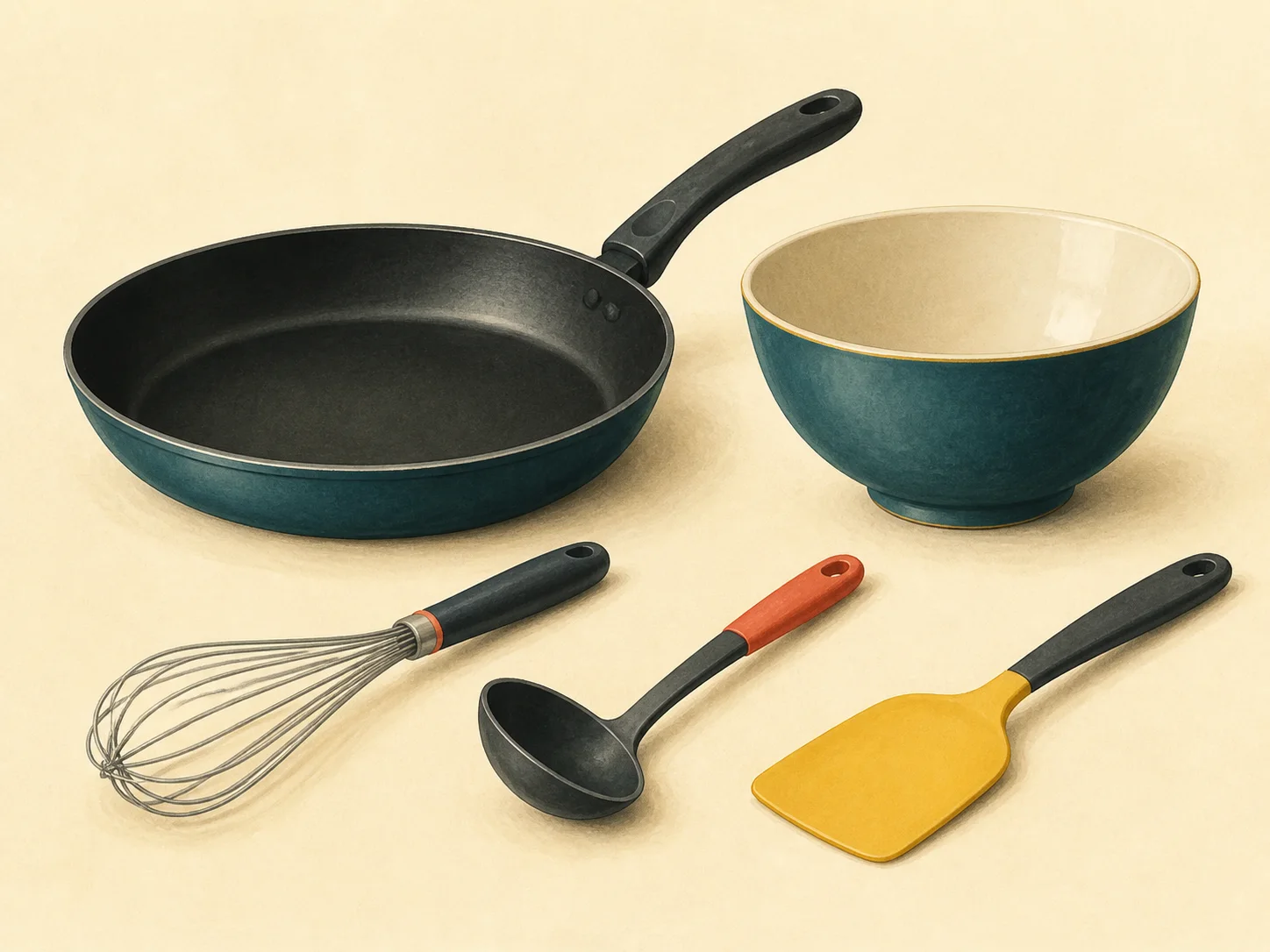 A frying pan, mixing bowl, whisk, ladle, and wide turner