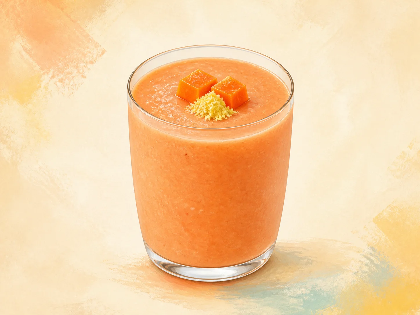 A finished serving of papaya ginger kefir smoothie