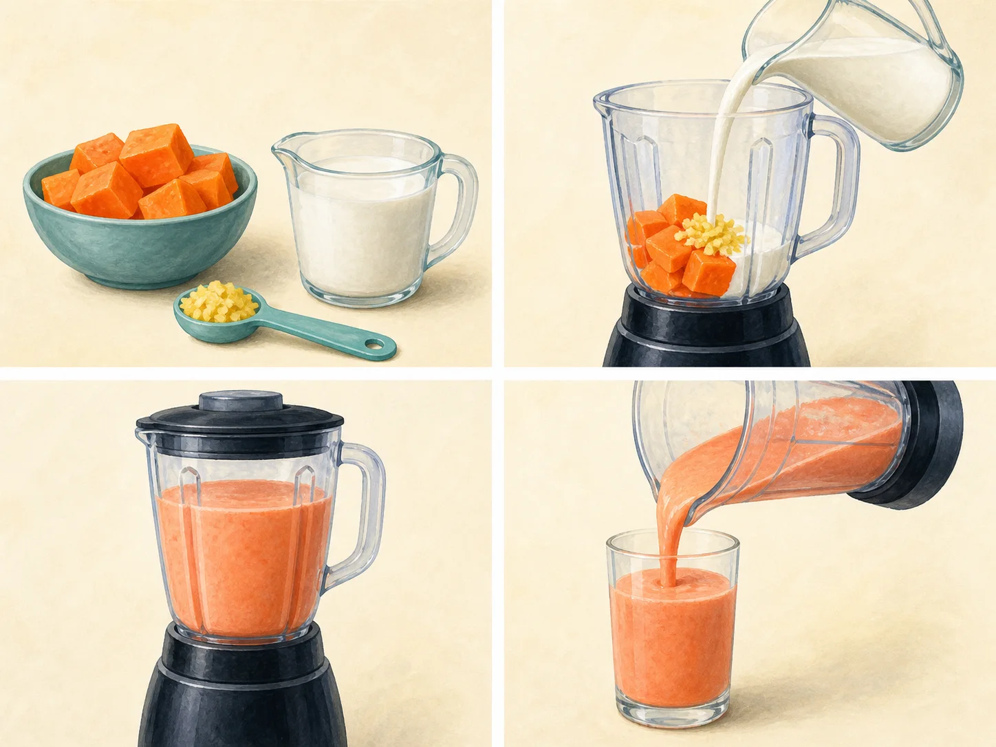 Four illustrated steps: prepare the fruit and kefir, load the blender, blend until smooth, and pour the smoothie