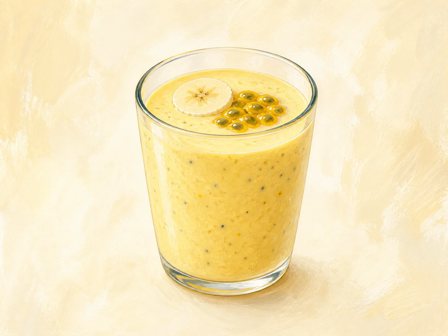 A finished serving of passion fruit banana kefir smoothie