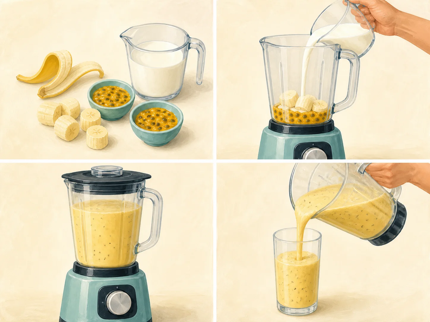 Four illustrated steps: prepare the fruit and kefir, load the blender, blend until smooth, and pour the smoothie