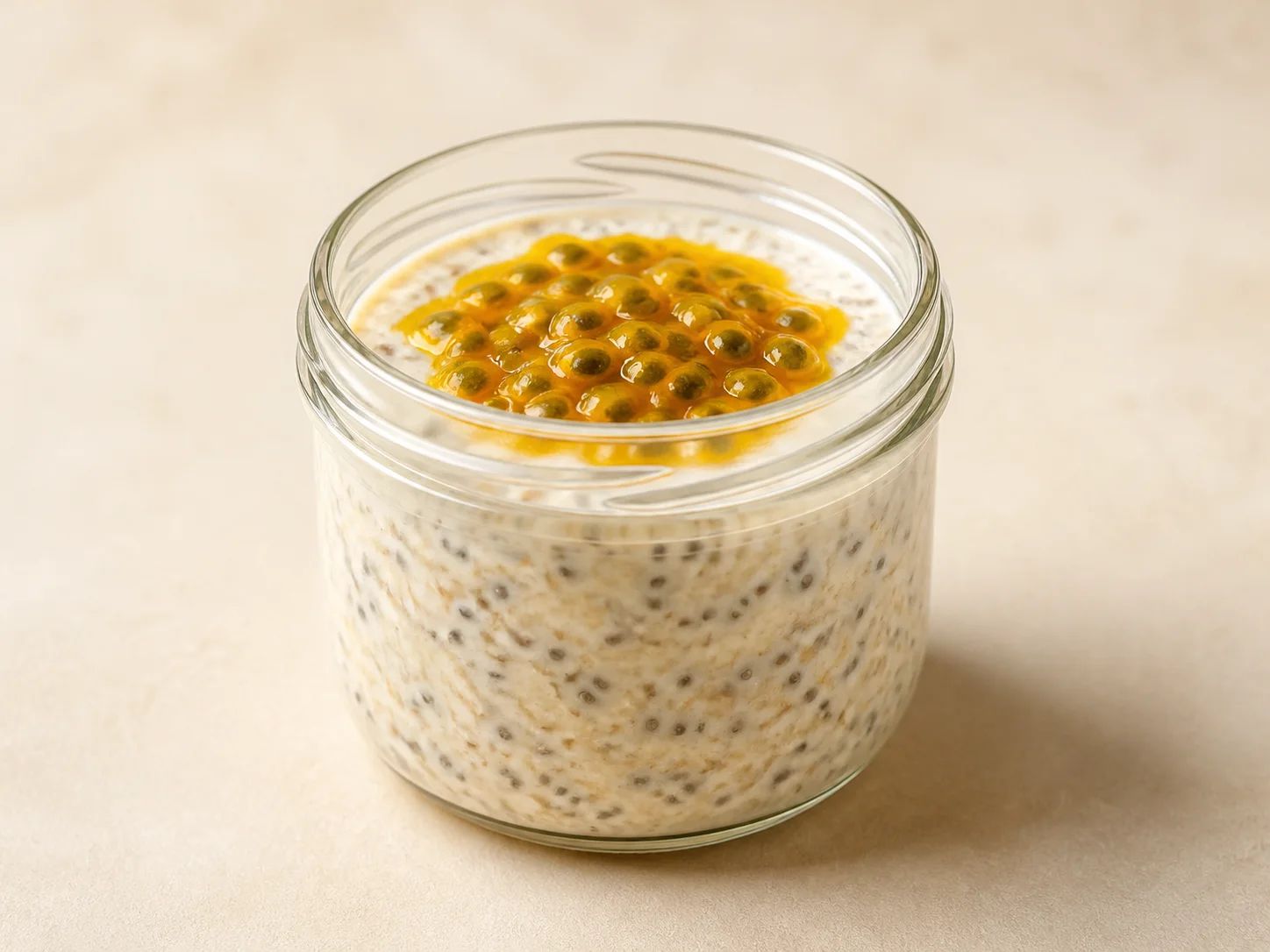A finished passion-fruit chia kefir breakfast jar