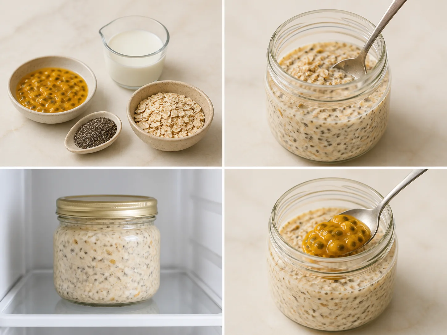 Four illustrated steps: measure the ingredients, stir them together, refrigerate overnight, and finish the breakfast before serving