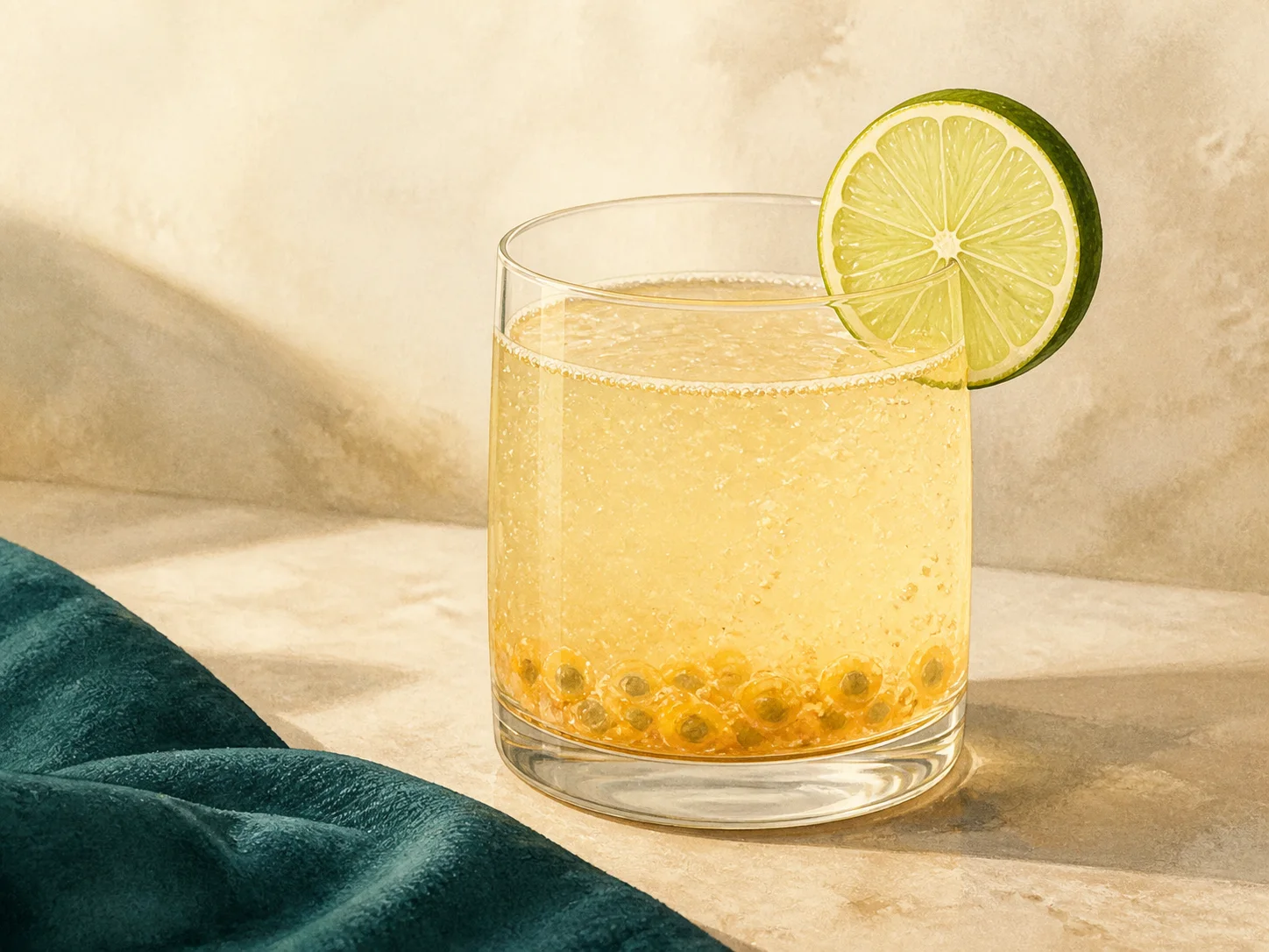 A finished serving of passion fruit lime water kefir