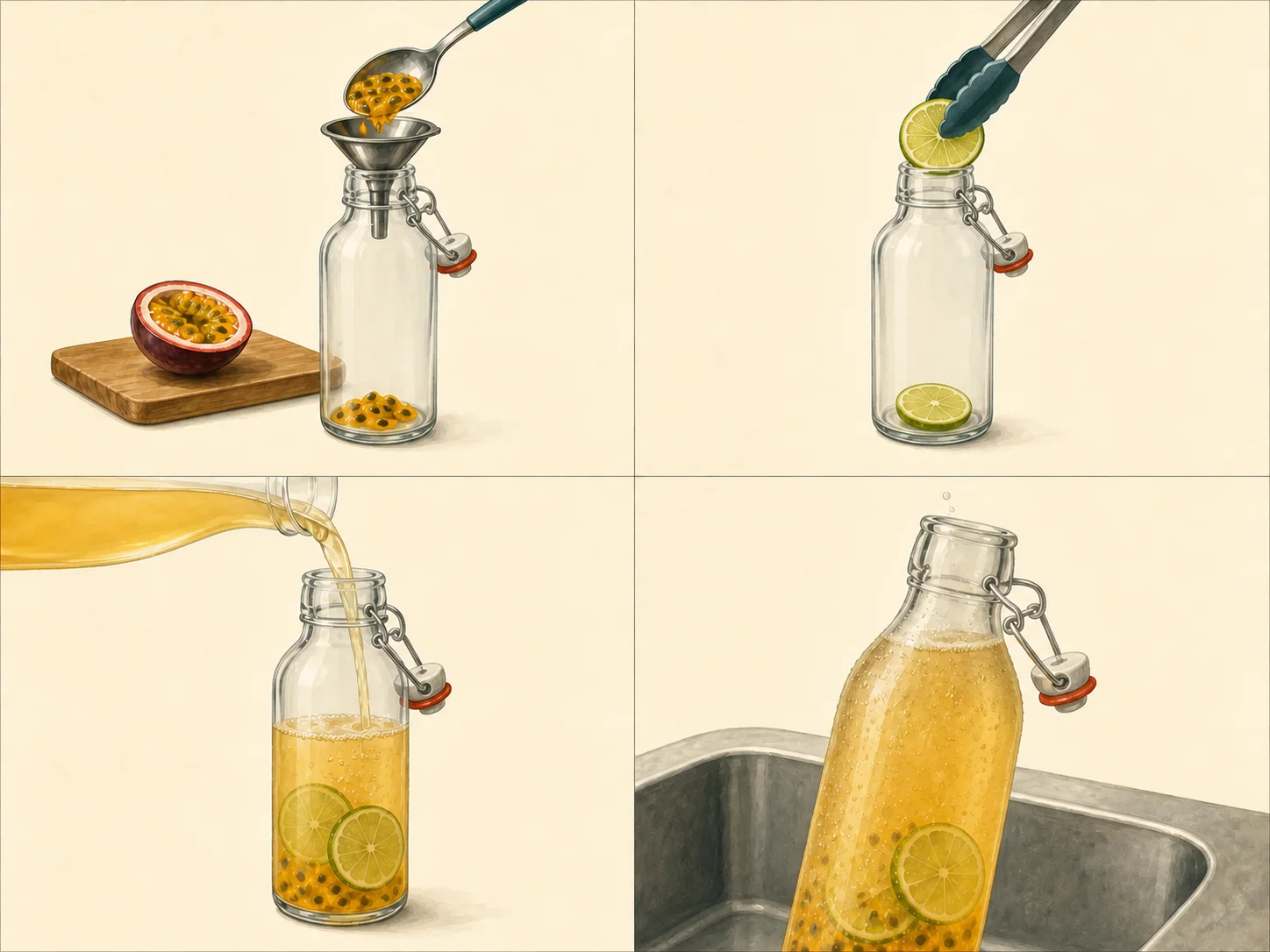 Four illustrated steps: prepare the flavor, fill the bottle, pour the chilled drink, and open the bottle slowly over the sink