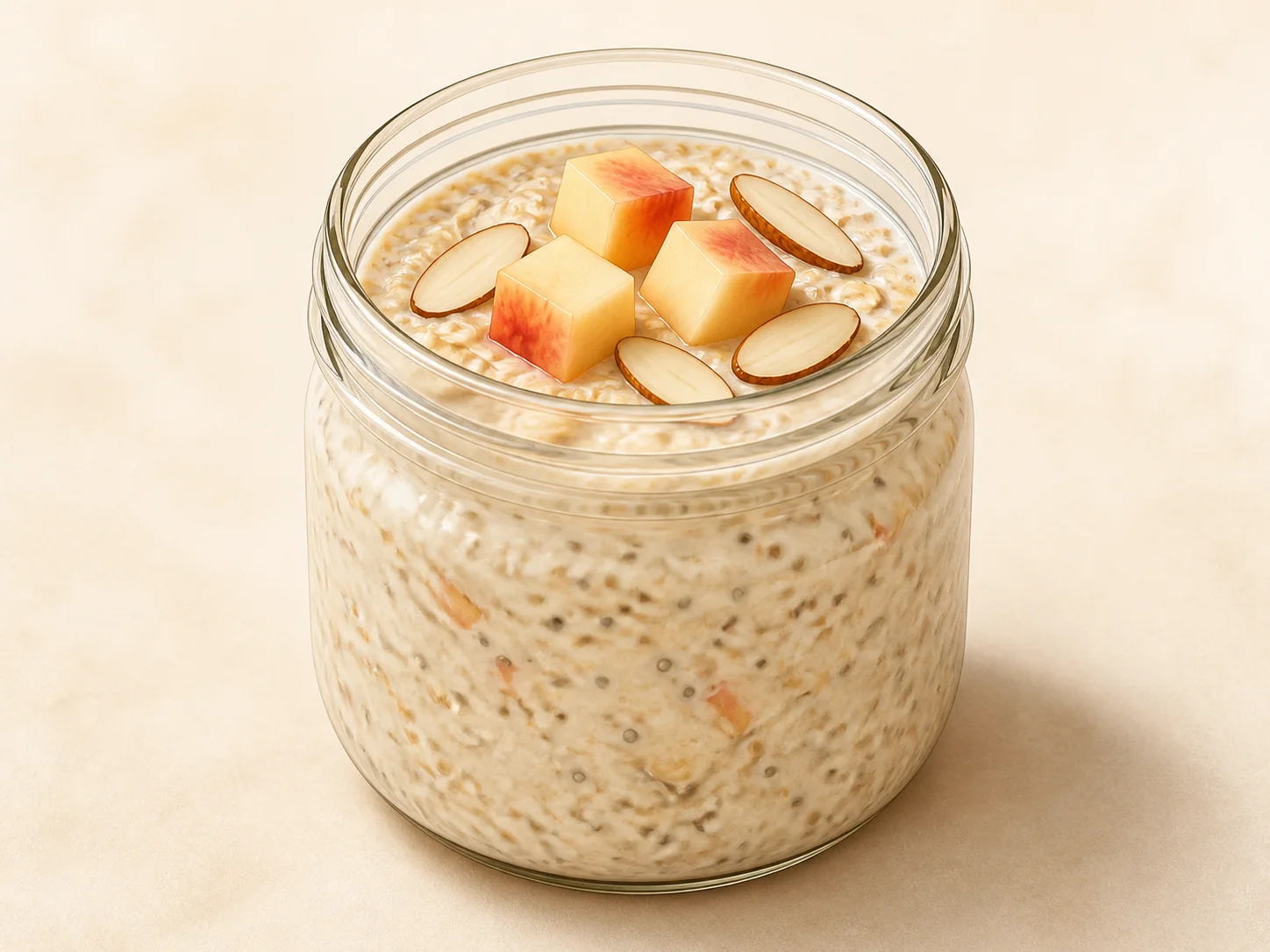 A finished serving of peach almond kefir overnight oats