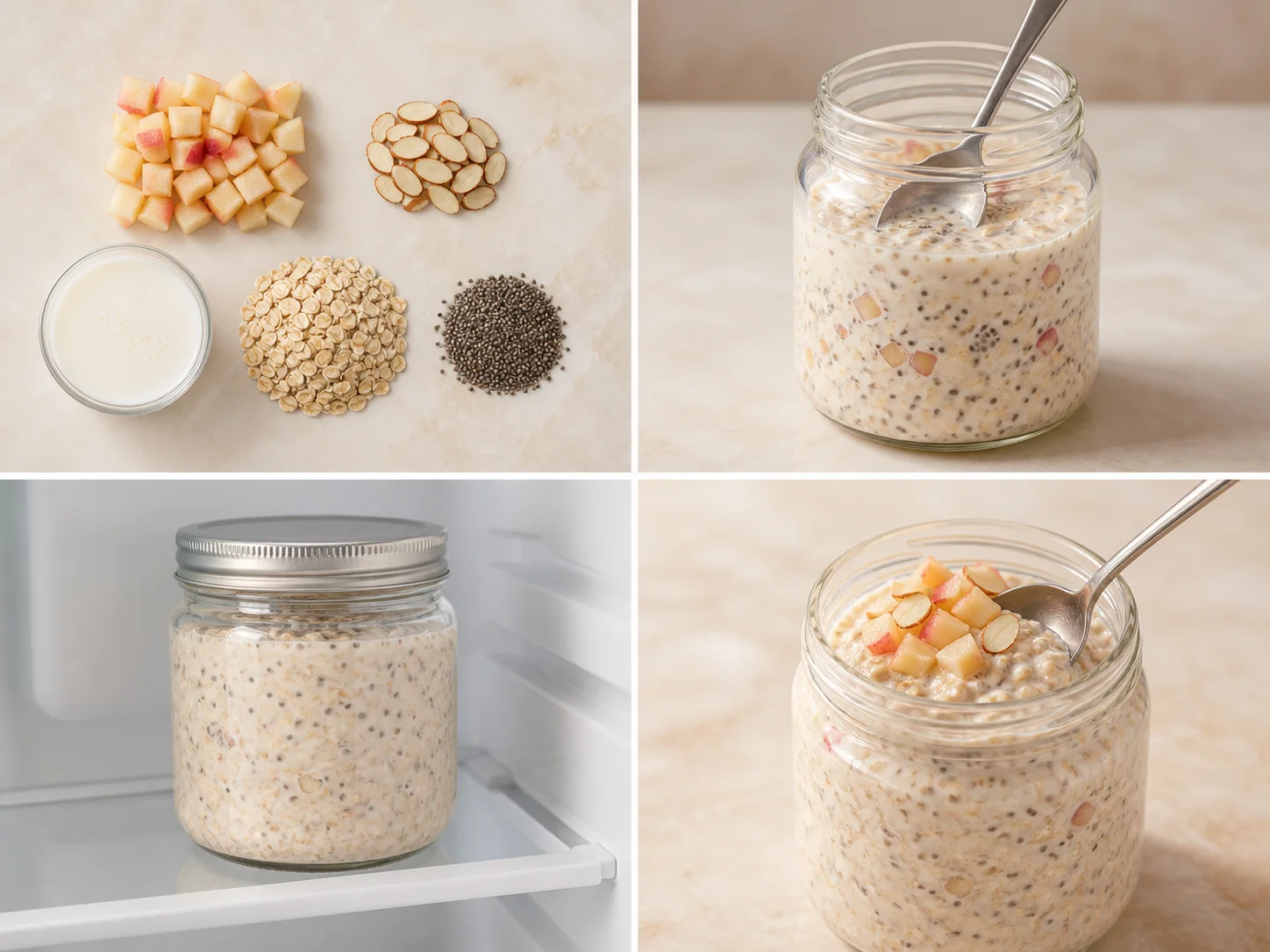 Four illustrated steps: measure the ingredients, stir them together, refrigerate overnight, and finish the breakfast before serving